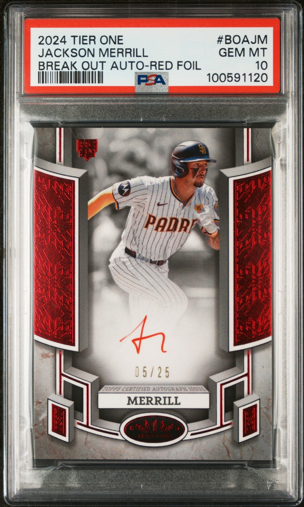 2024 Topps Tier One Red Foil Jackson Merrill #BOAJM Auto /25 PSA 10