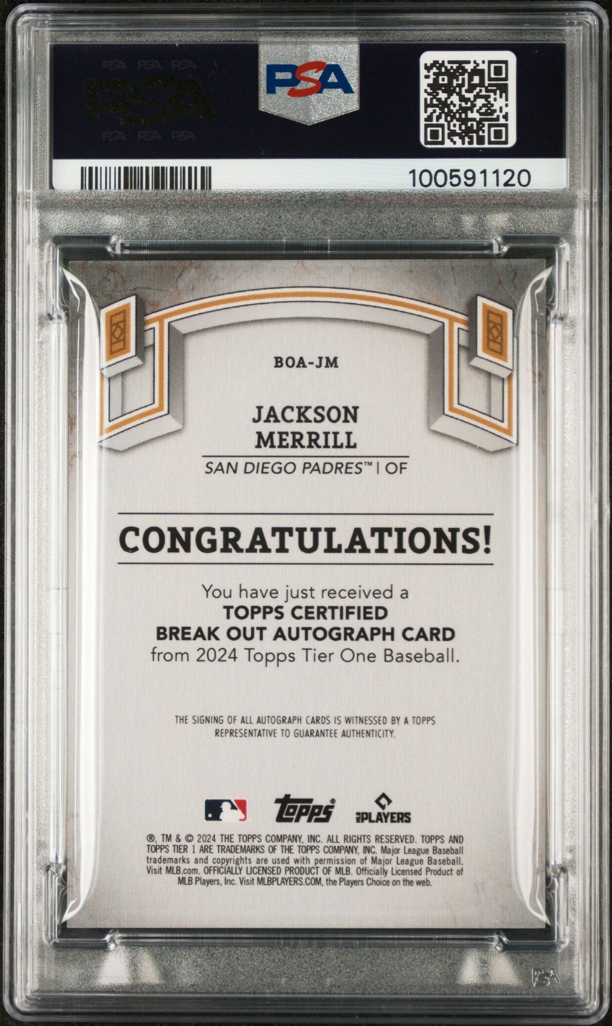 2024 Topps Tier One Red Foil Jackson Merrill #BOAJM Auto /25 PSA 10