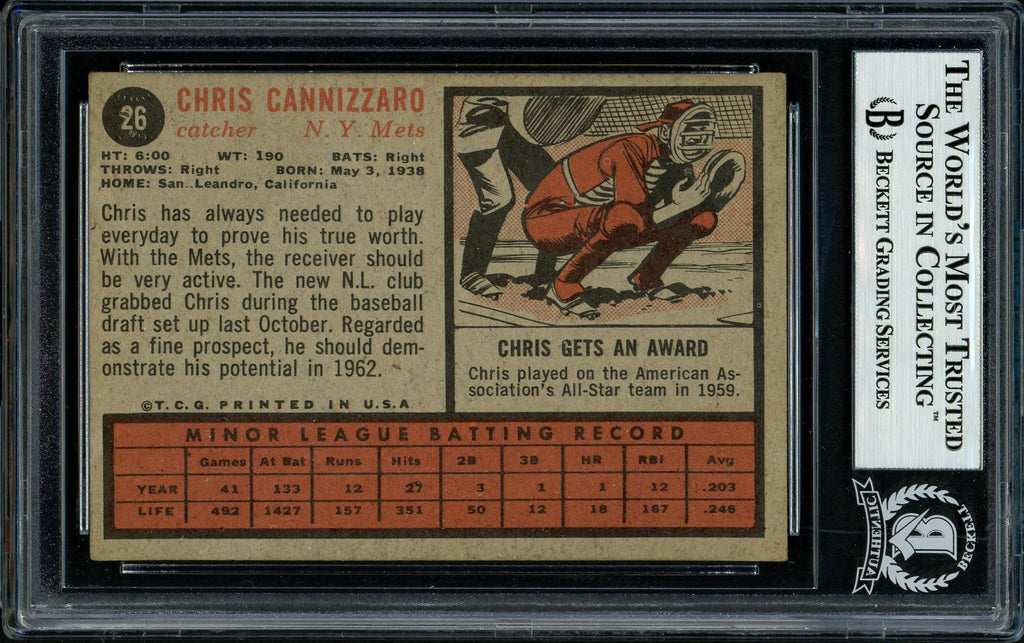 Chris Cannizzaro Autographed 1962 Topps Card #26 New York Mets Beckett BAS #11481375