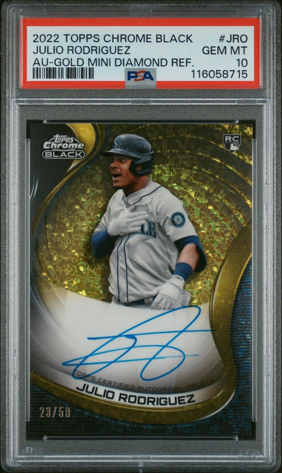 2022 Topps Chrome Black Autograph Gold Mini Diamond Refractor Julio Rodriguez #CBAJRO /50 PSA 10 – front