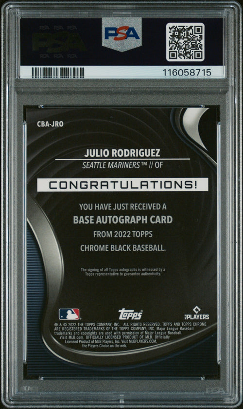 2022 Topps Chrome Black Autograph Gold Mini Diamond Refractor Julio Rodriguez #CBAJRO /50 PSA 10 – back