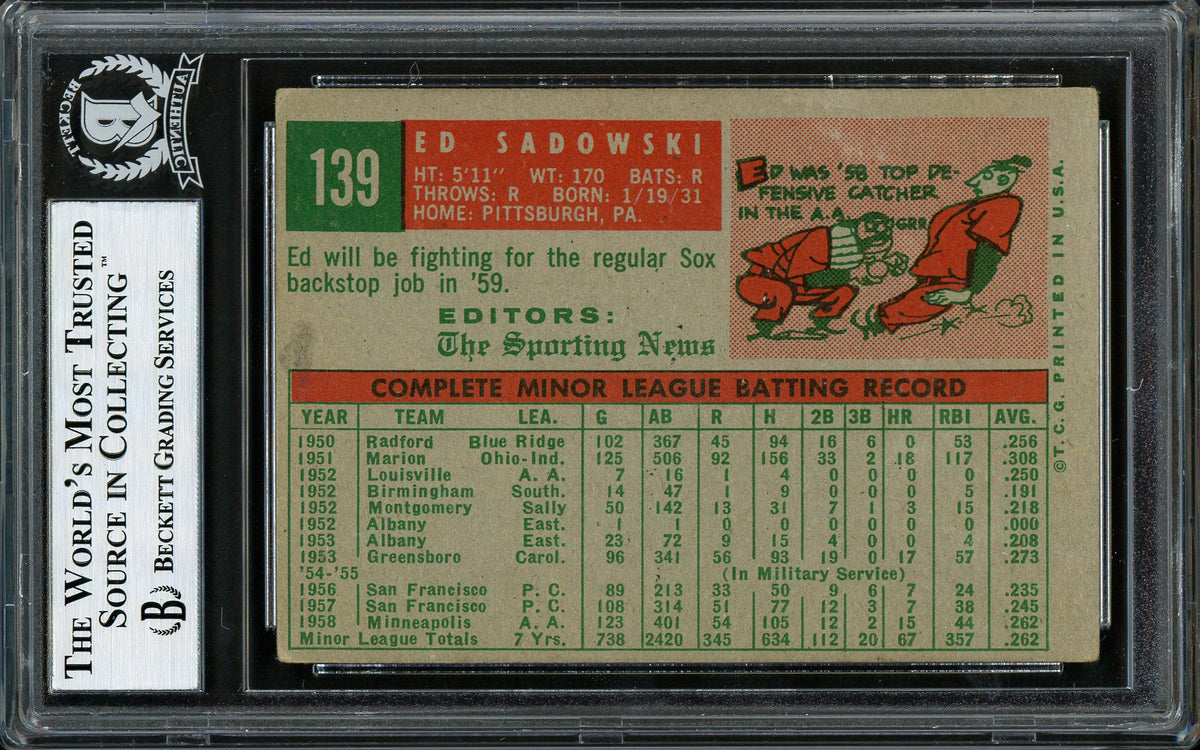 Ed Sadowski Autographed 1959 Topps Rookie Card #139 Boston Red Sox Beckett BAS #12305952