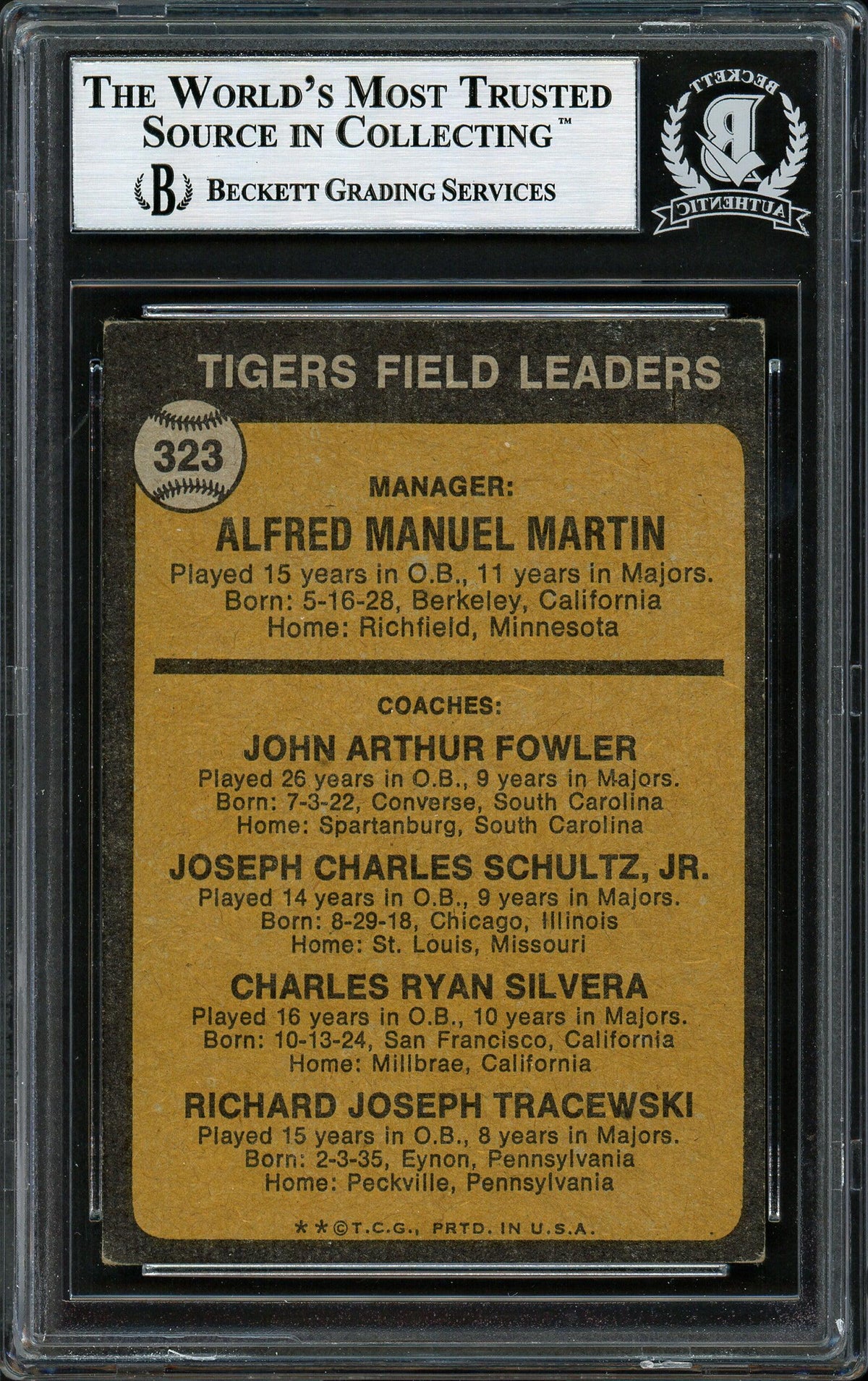 Joe Schultz Autographed 1973 Topps Card #323 Detroit Tigers Beckett BAS #12306464