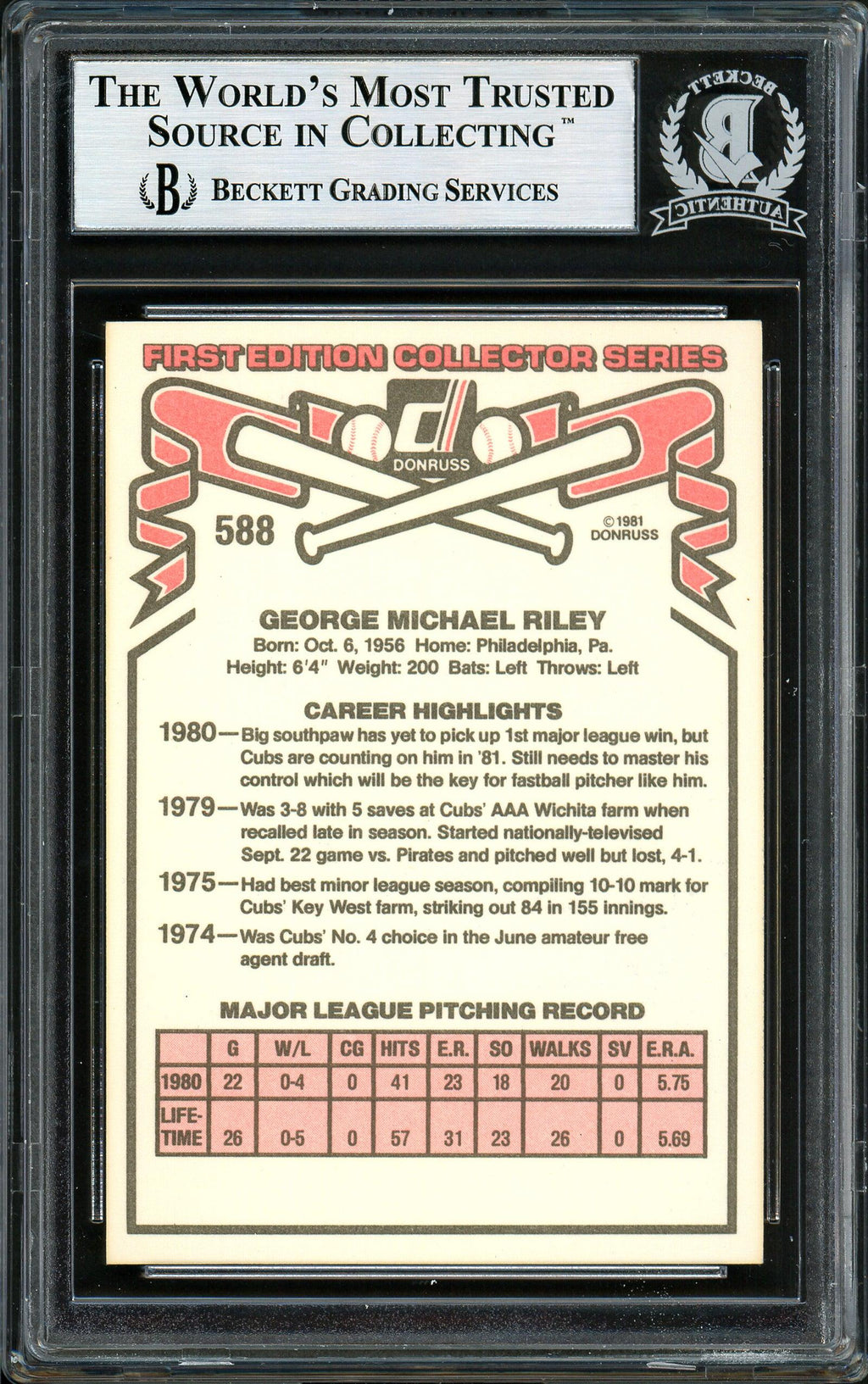 George Riley Autographed 1981 Donruss Rookie Card #588 Chicago Cubs Beckett BAS #12306792