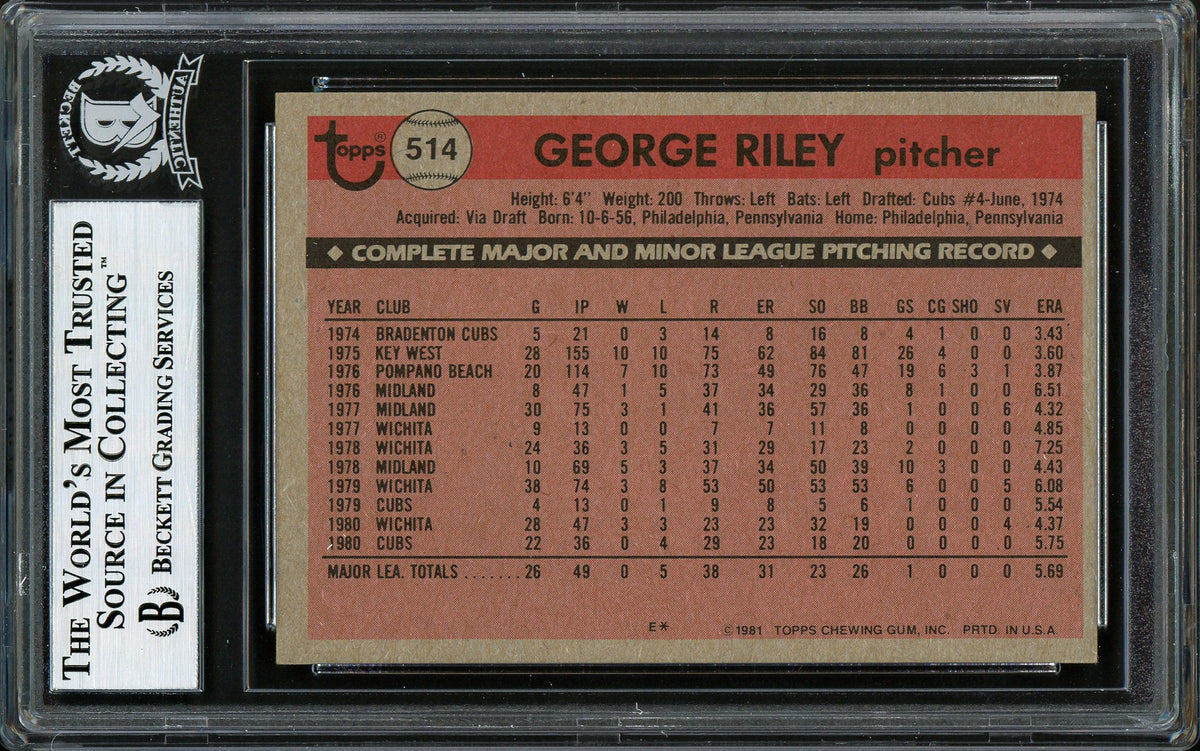 George Riley Autographed 1981 Topps Rookie Card #514 Chicago Cubs Beckett BAS #12306798