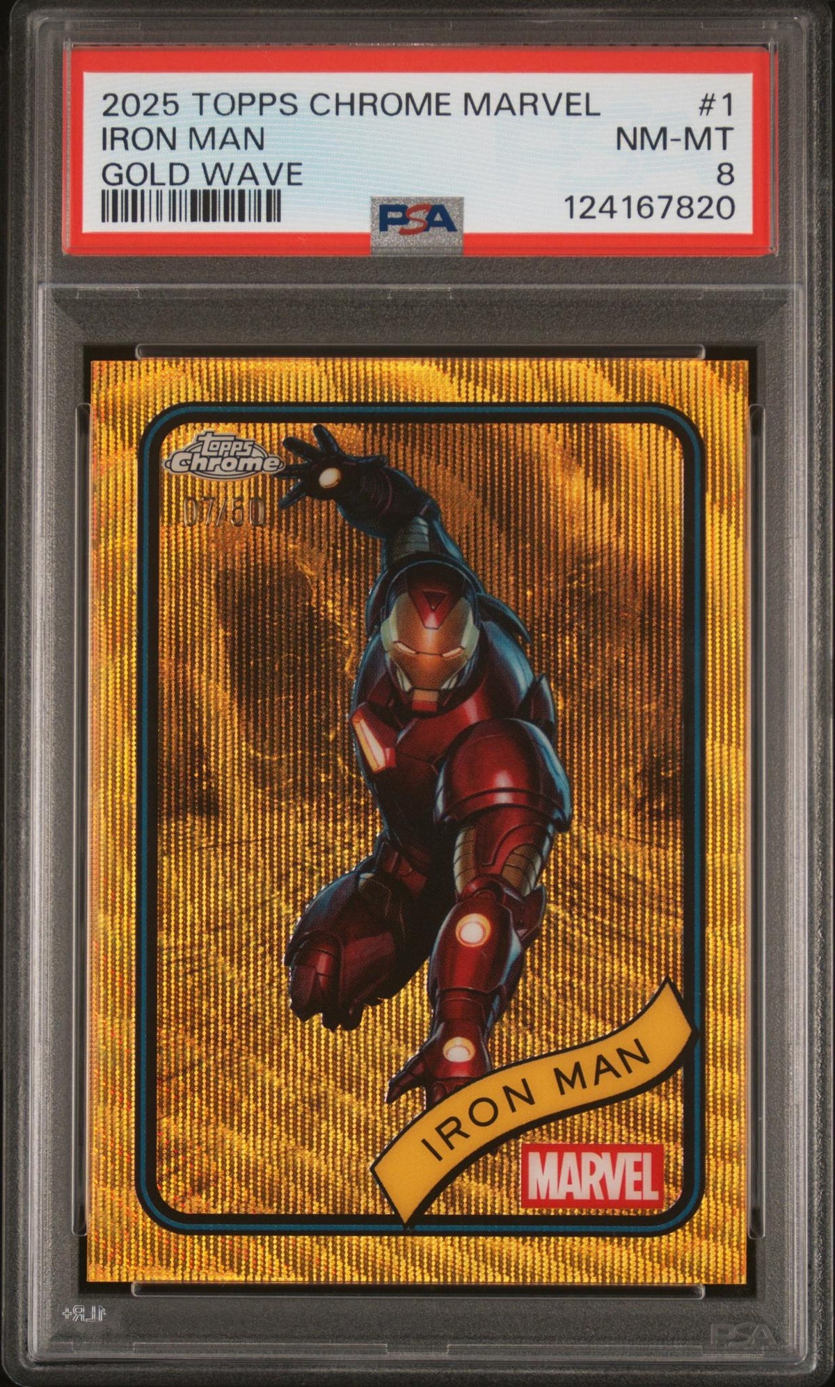 2025 Topps Chrome Marvel Gold Wave Iron Man #1 /80 PSA 8