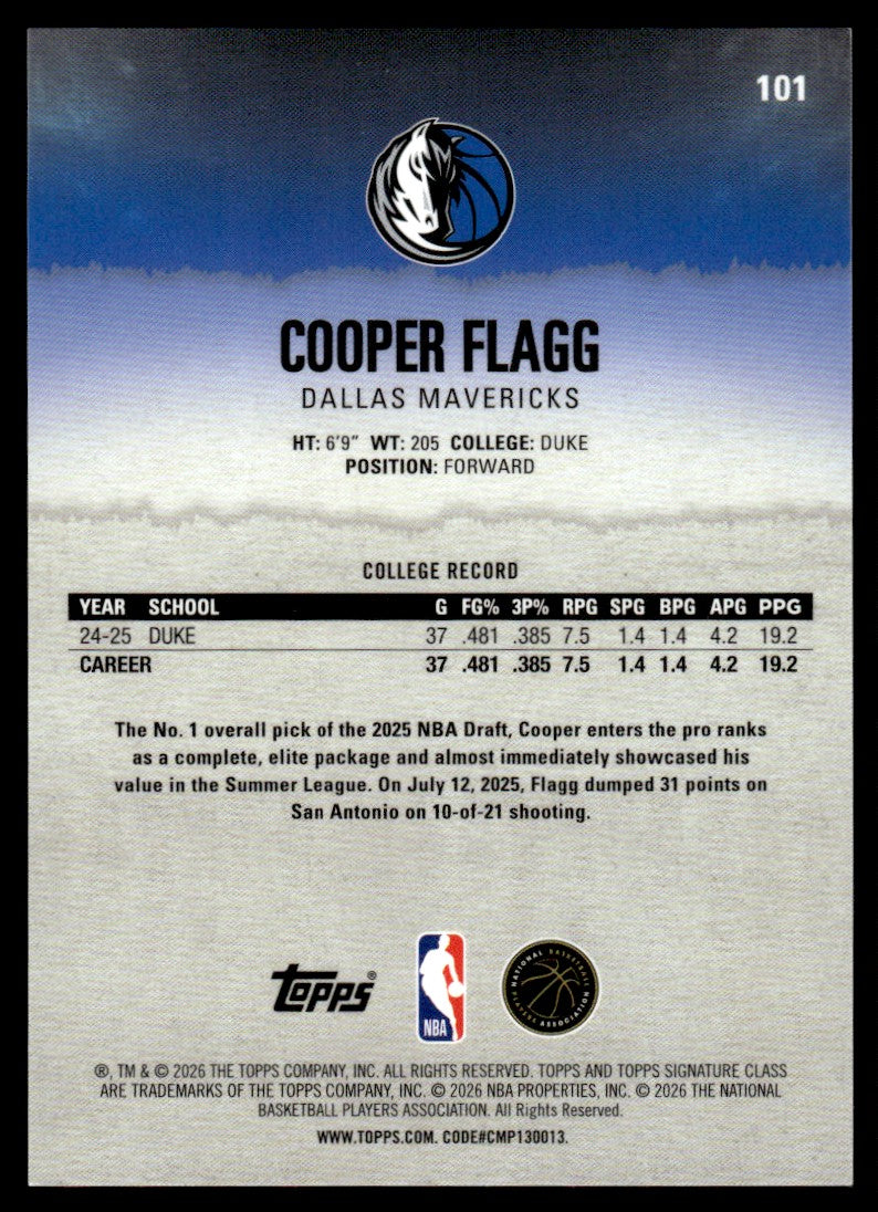 2026 Topps Signature Class #101 Cooper Flagg Rookie RC Gold Refractor /10 – back