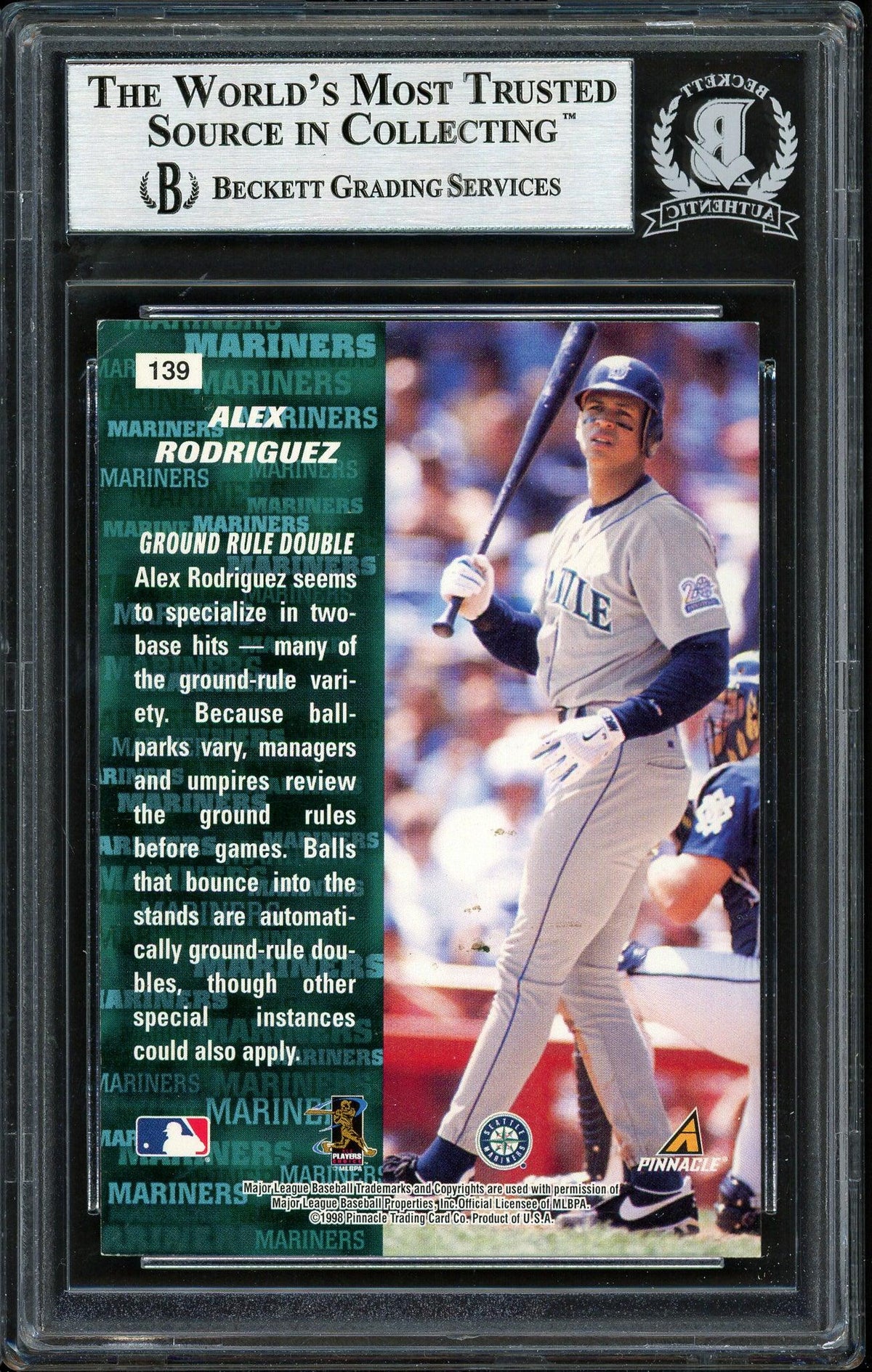 Alex Rodriguez Autographed 1998 Pinnacle Inside Card #139 Seattle Mariners Beckett BAS #12410295