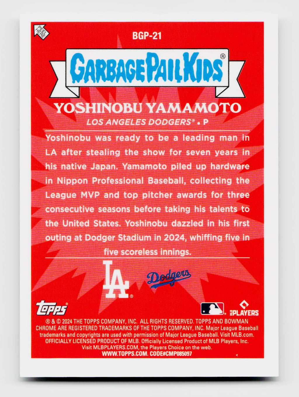 2024 Topps GPK #BGP-21 Dodging Yoshinobu Yamamoto Mega Box Mojo SSP Rookie RC