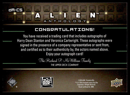 2016 Upper Deck DA-CS Harry Dean Stanton Veronica Cartwright Alien Anthology Auto