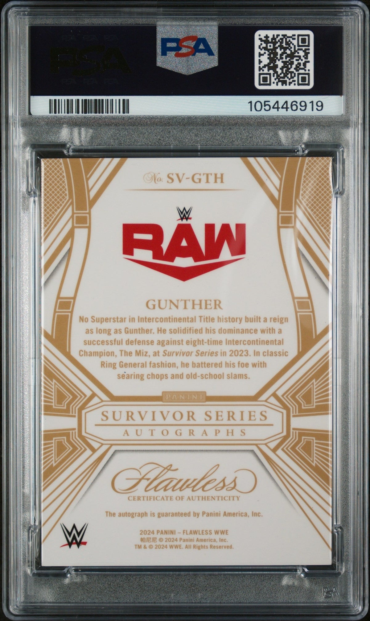 2024 Panini Flawless WWE Flawless Survivor Series Autographs Sapphire Gunther #SVGTH /20 PSA 8