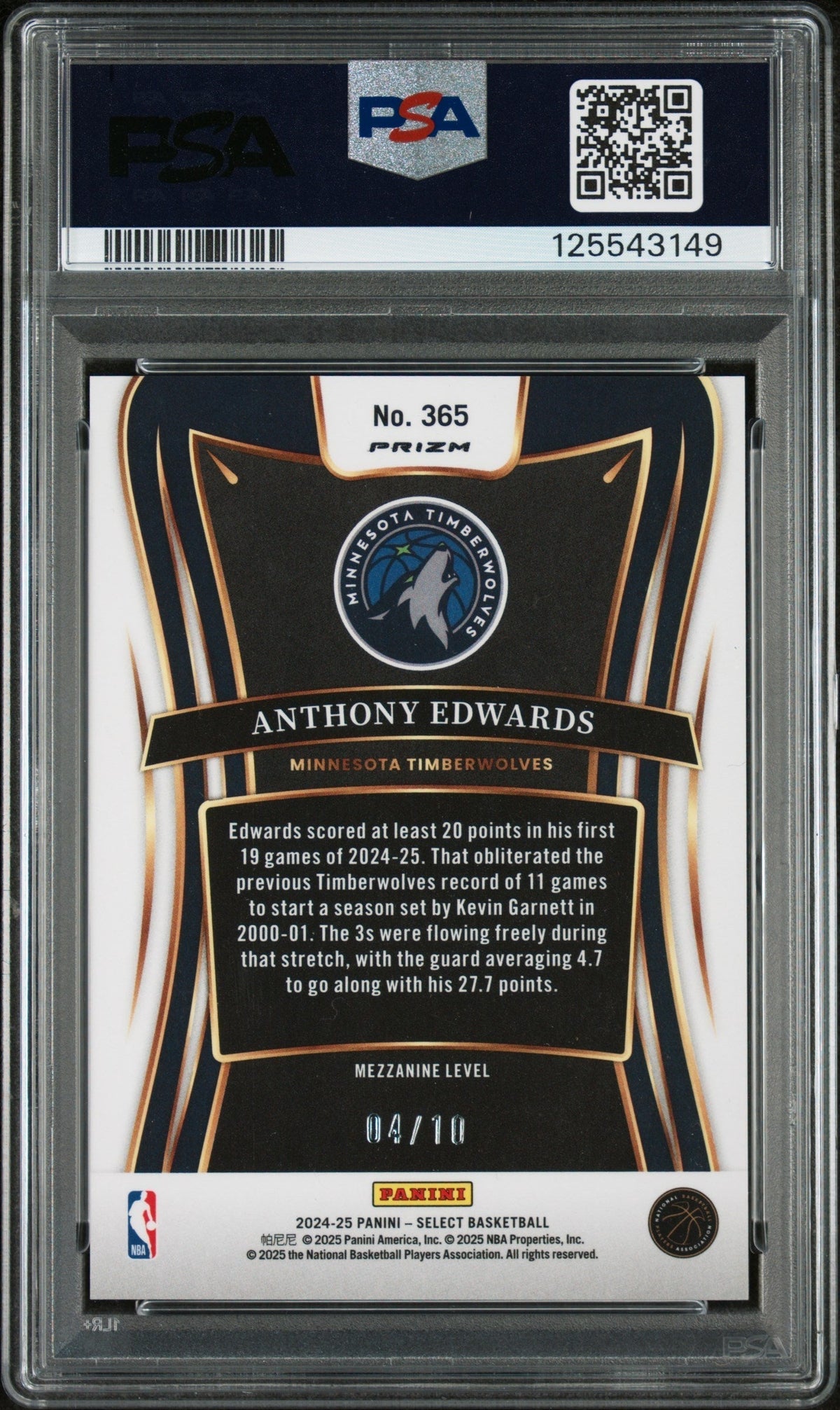 2024 Panini Select Gold Flash Anthony Edwards #365 /10 PSA 10