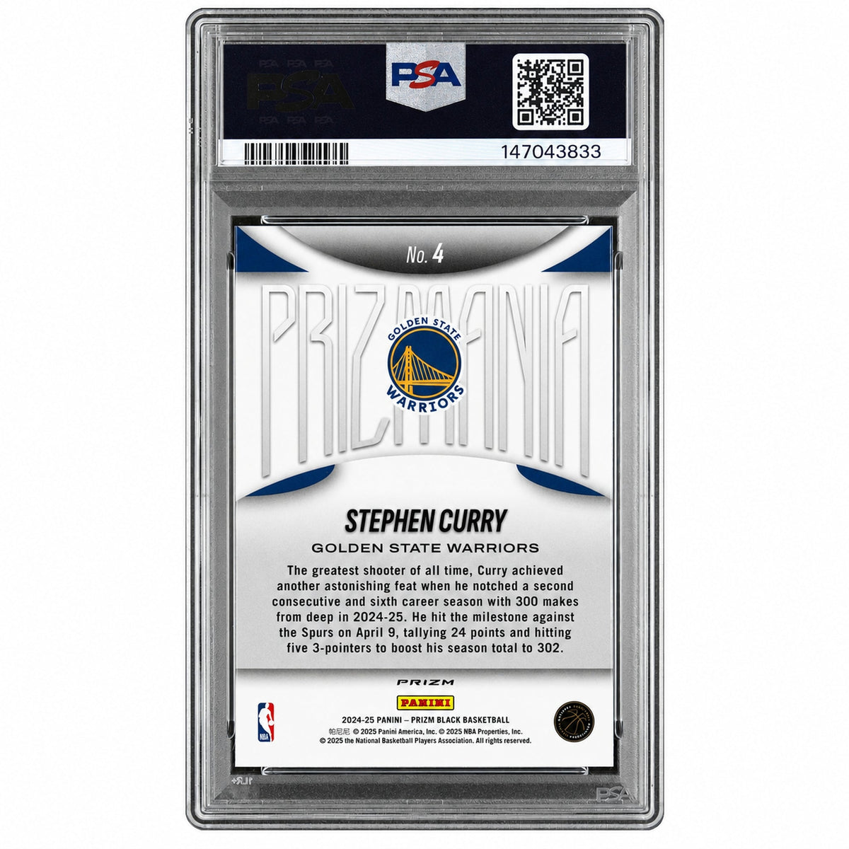 2024 Panini Prizm Black Prizmania Stephen Curry #4 PSA 8 – back