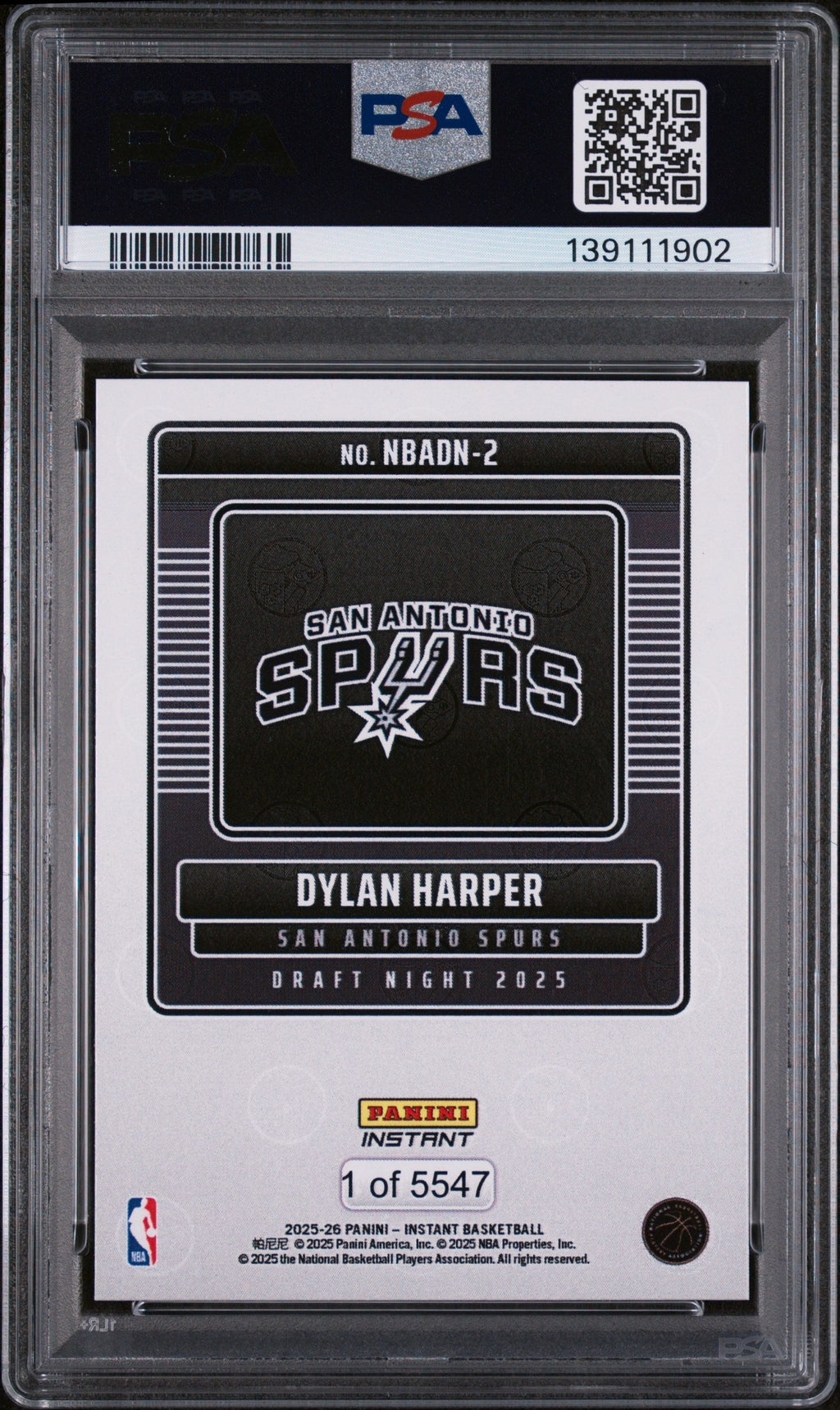 2025 Panini Instant Draft Night Dylan Harper #NBADN2 /5547 /1 PSA 10