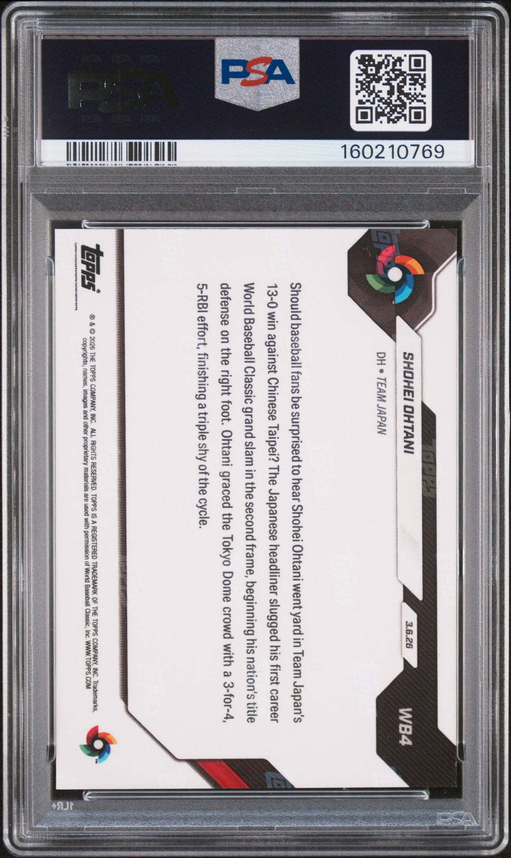 2026 Topps Now World Baseball Classic Orange Foil Shohei Ohtani #WB4 /25 PSA 10 – back