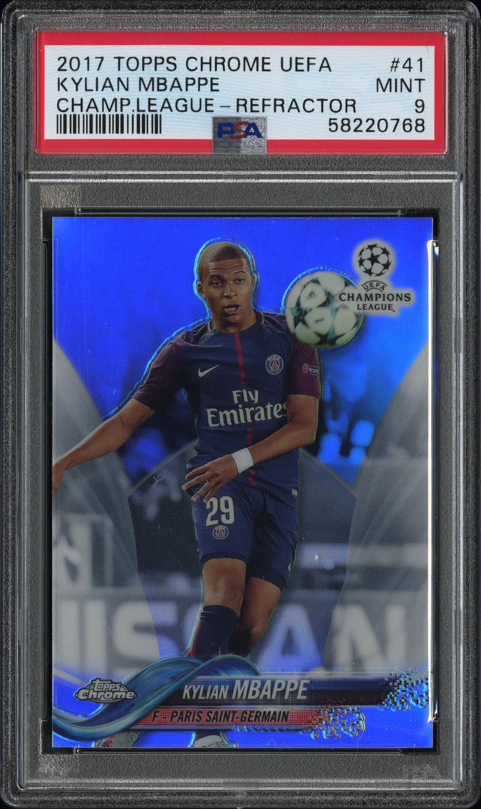 2017 Topps Chrome UEFA Champions League Refractor Kylian Mbappe #41 PSA 9 – front