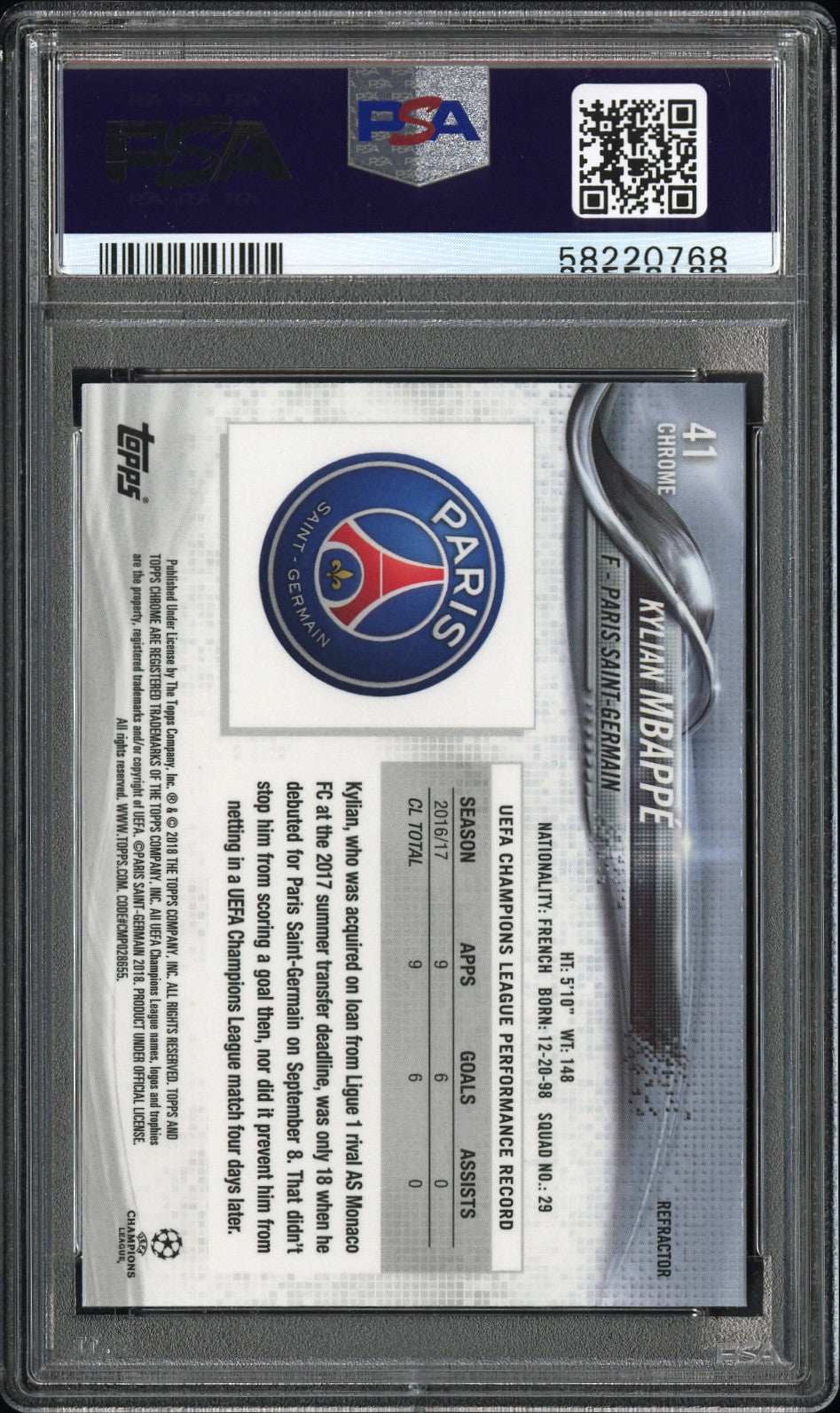 2017 Topps Chrome UEFA Champions League Refractor Kylian Mbappe #41 PSA 9 – back