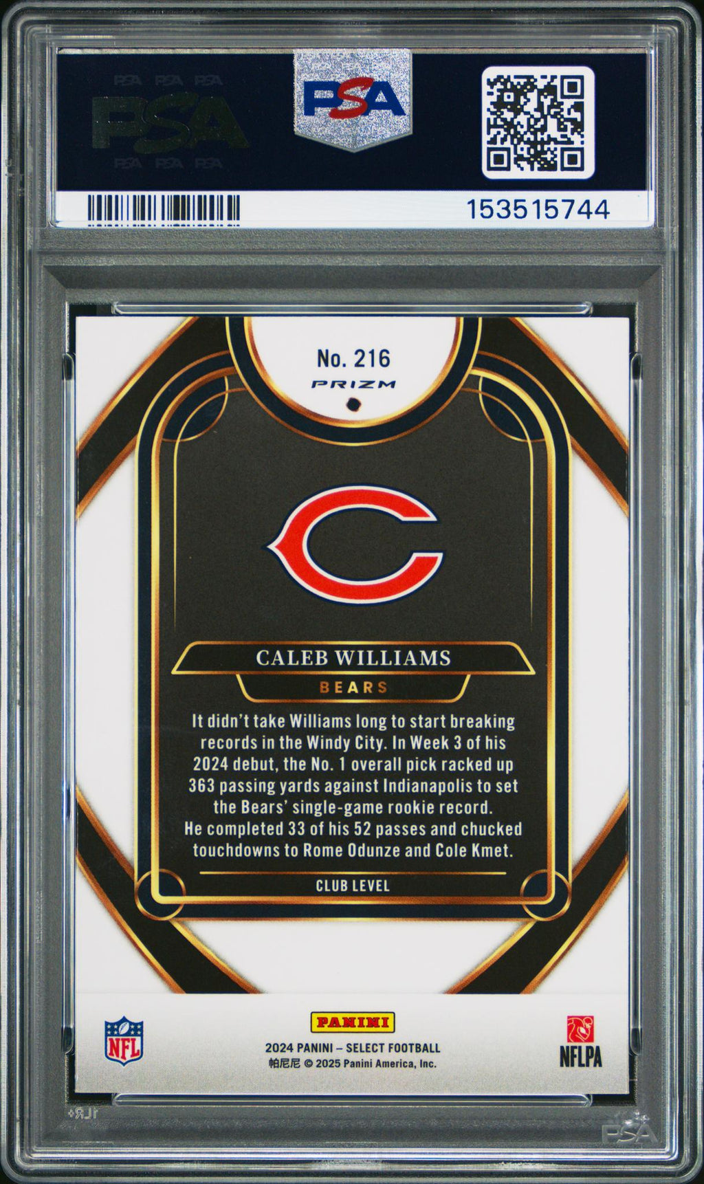 2024 Select Prizm Black and Gold Shock Caleb Williams #216 PSA 10