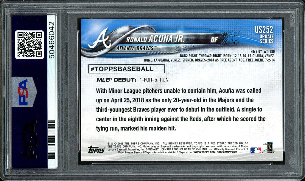 Ronald Acuna Jr. Autographed 2018 Topps Update Rookie Card #US252 Atlanta Braves Auto Grade 10 Card Grade NM-MT 8 PSA/DNA #50466042