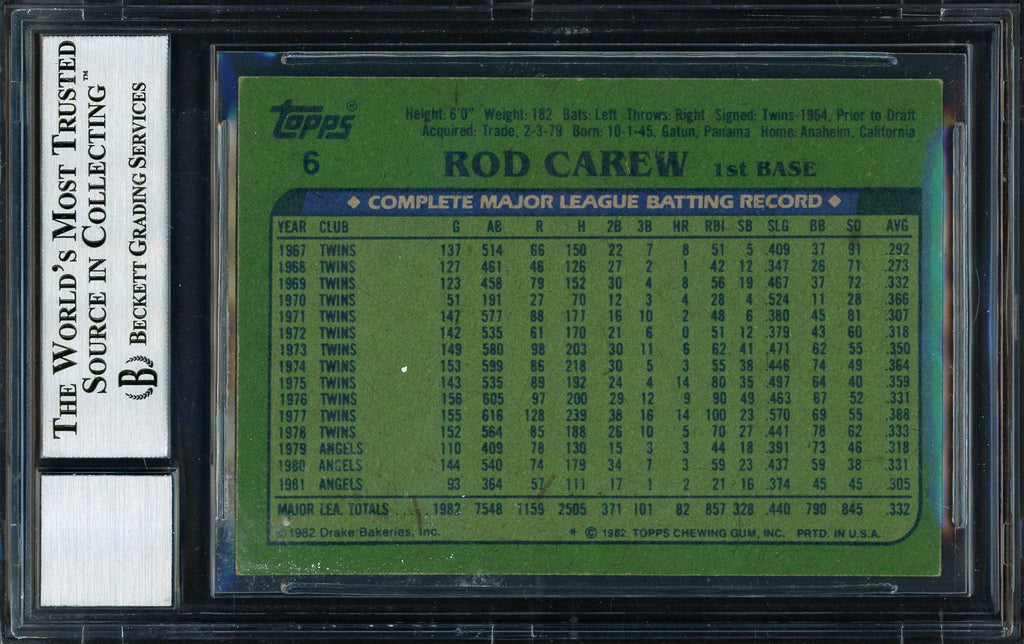 Rod Carew Autographed 1982 Topps Drake's Card #6 California Angels Auto Grade 10 Beckett BAS #12511246