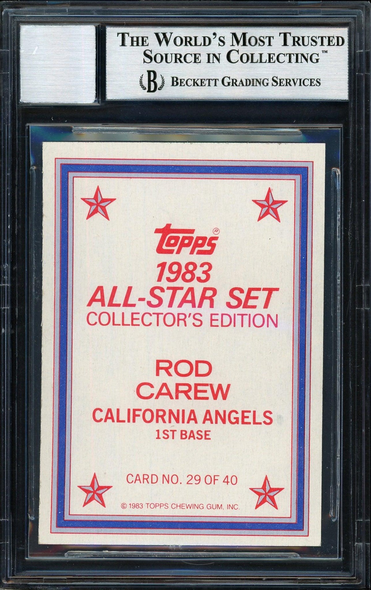 Rod Carew Autographed 1983 Topps All Star Set Card #29 California Angels Auto Grade 10 Beckett BAS Stock #186069