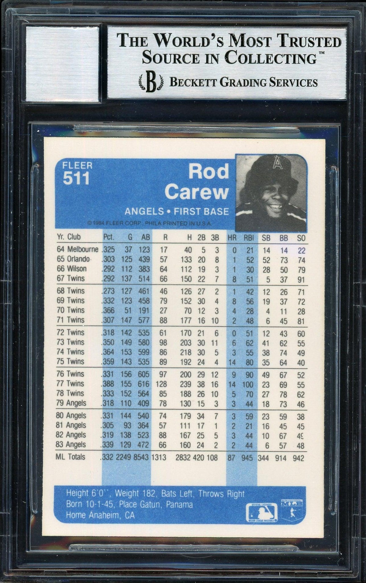 Rod Carew Autographed 1984 Fleer Card #511 California Angels Signed Middle Auto Grade 10 Beckett BAS Stock #186073