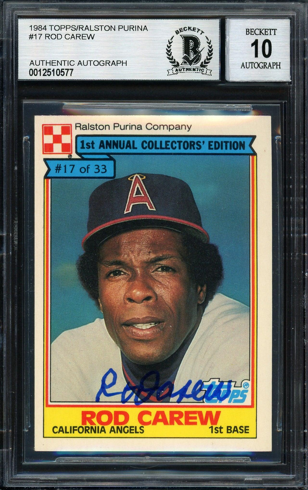 Rod Carew Autographed 1984 Topps Ralston Purina Card #17 California Angels Auto Grade 10 Beckett BAS #12510577