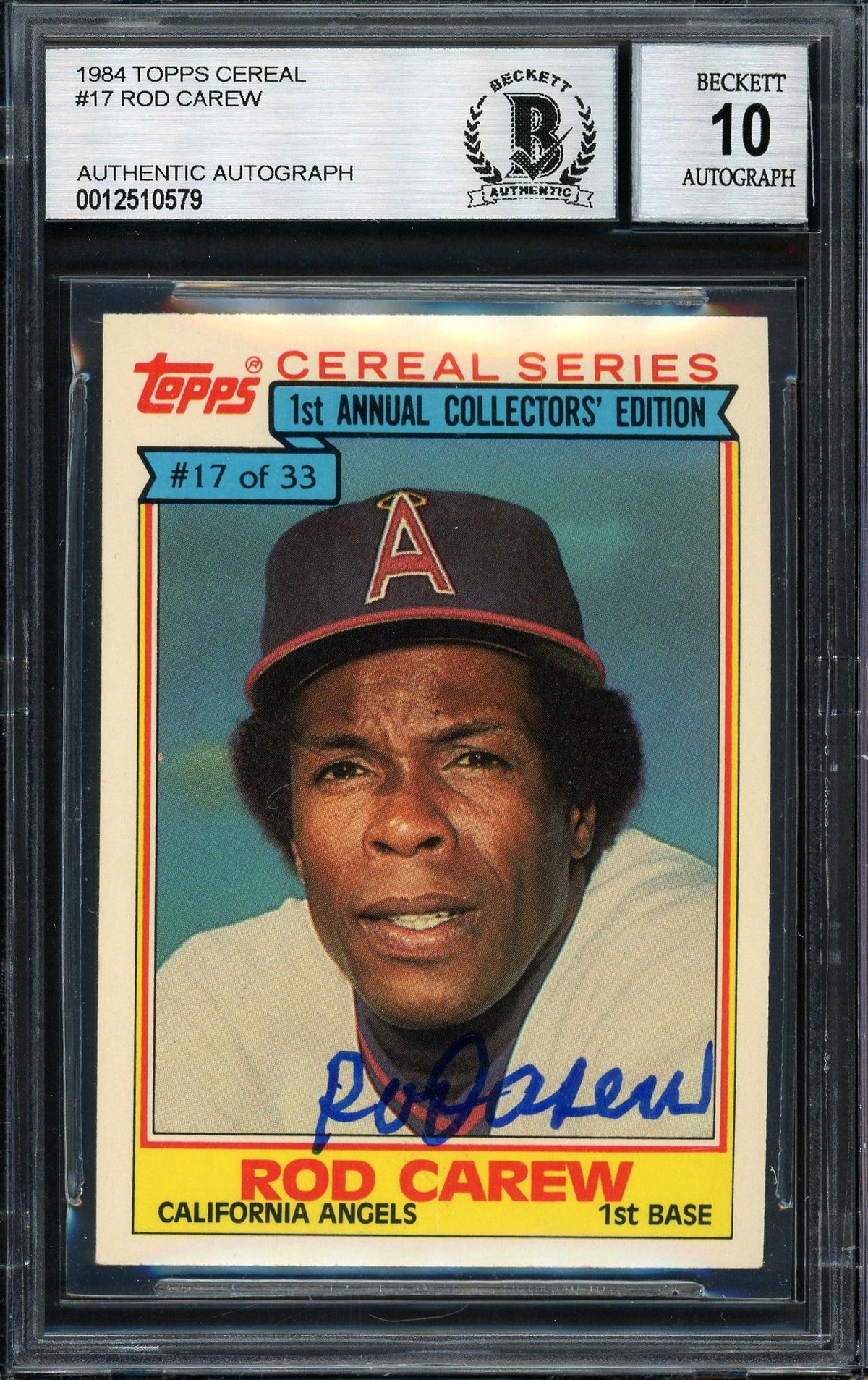 Rod Carew Autographed 1984 Topps Ralston Purina Card #17 California Angels Auto Grade 10 Beckett BAS #12510579