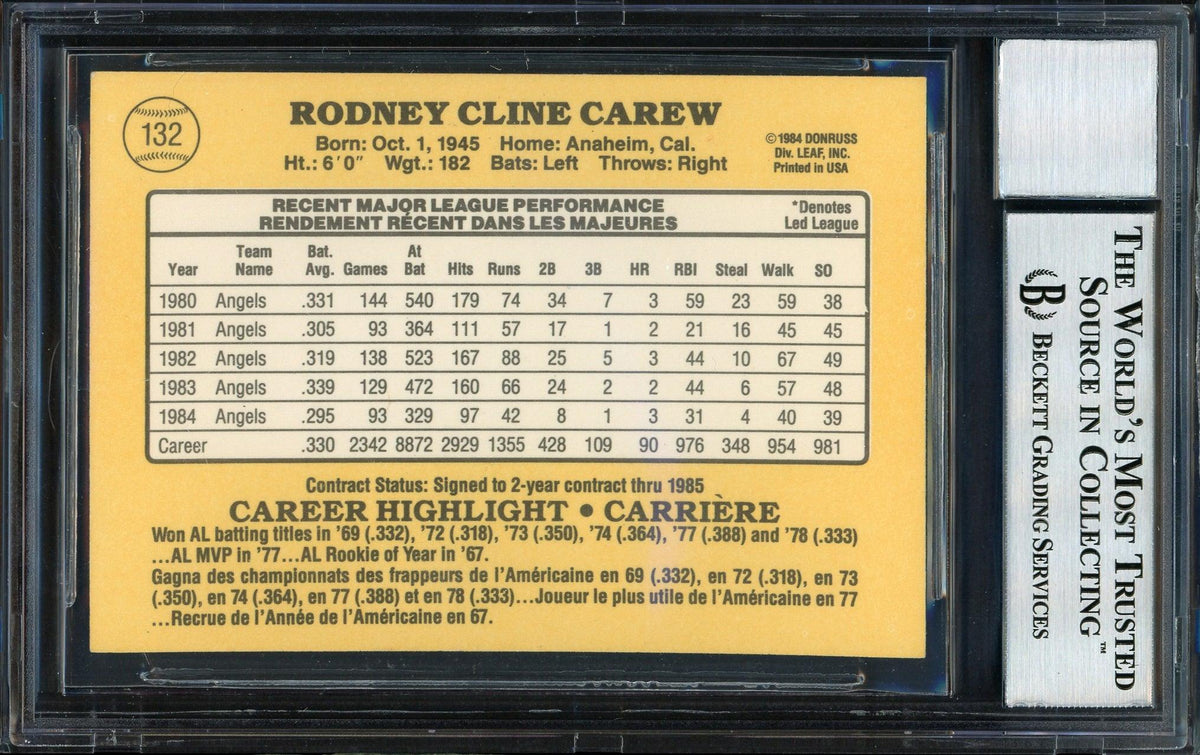 Rod Carew Autographed 1985 Leaf Card #132 California Angels Auto Grade 10 Beckett BAS #12510721
