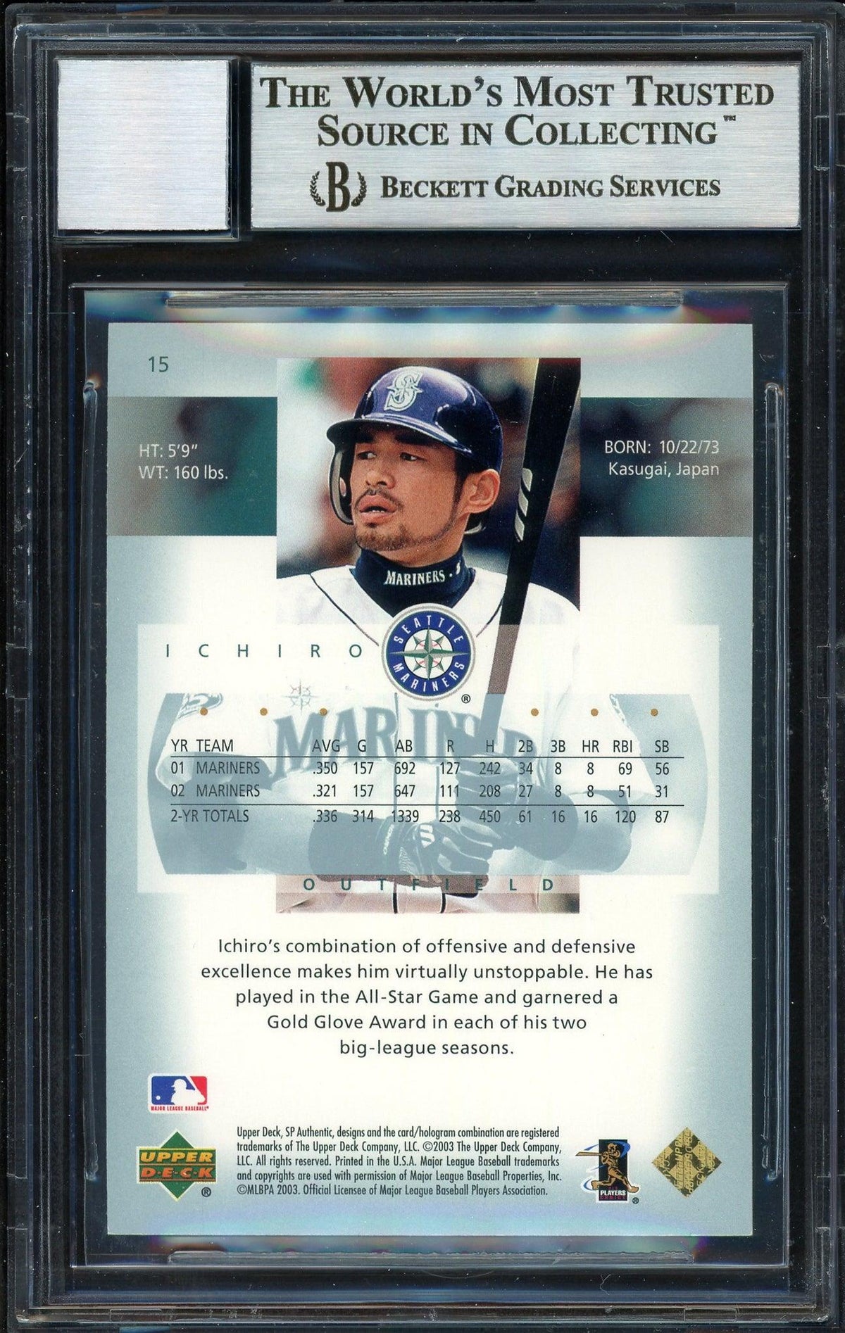 Ichiro Suzuki Autographed 2003 SP Authentic Card #15 Seattle Mariners Auto Grade 10 Beckett BAS #12669412