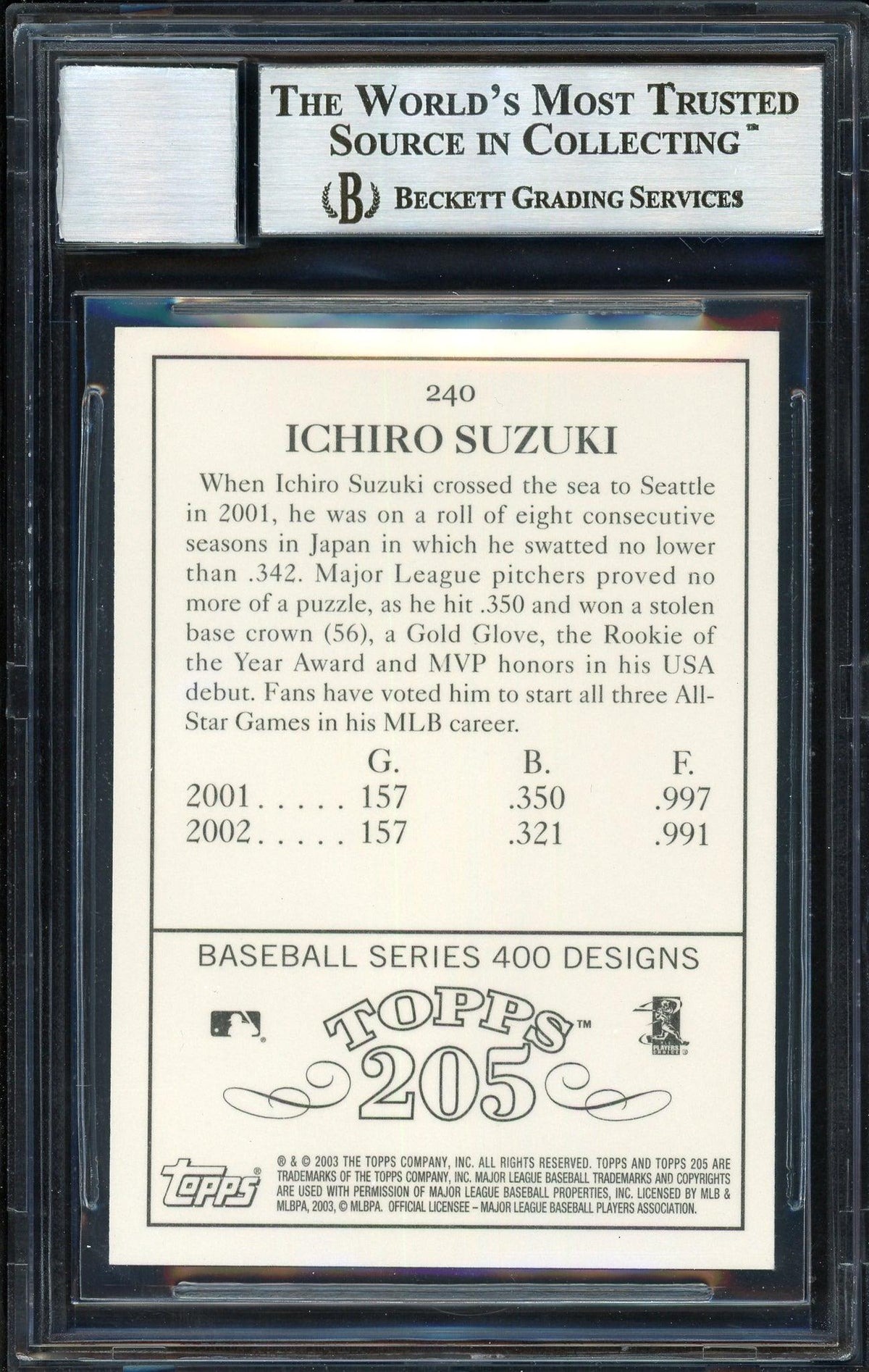 Ichiro Suzuki Autographed 2003 Topps 205 Card #240 Seattle Mariners Auto Grade 10 Beckett BAS #12669505
