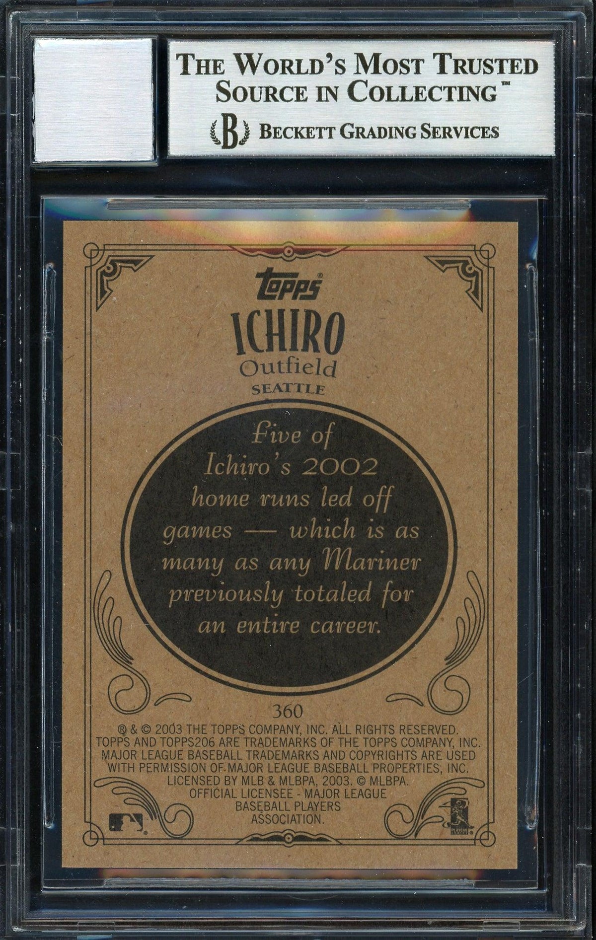 Ichiro Suzuki Autographed 2002 Topps 206 Card #360 Seattle Mariners Auto Grade 10 Beckett BAS Stock #189835