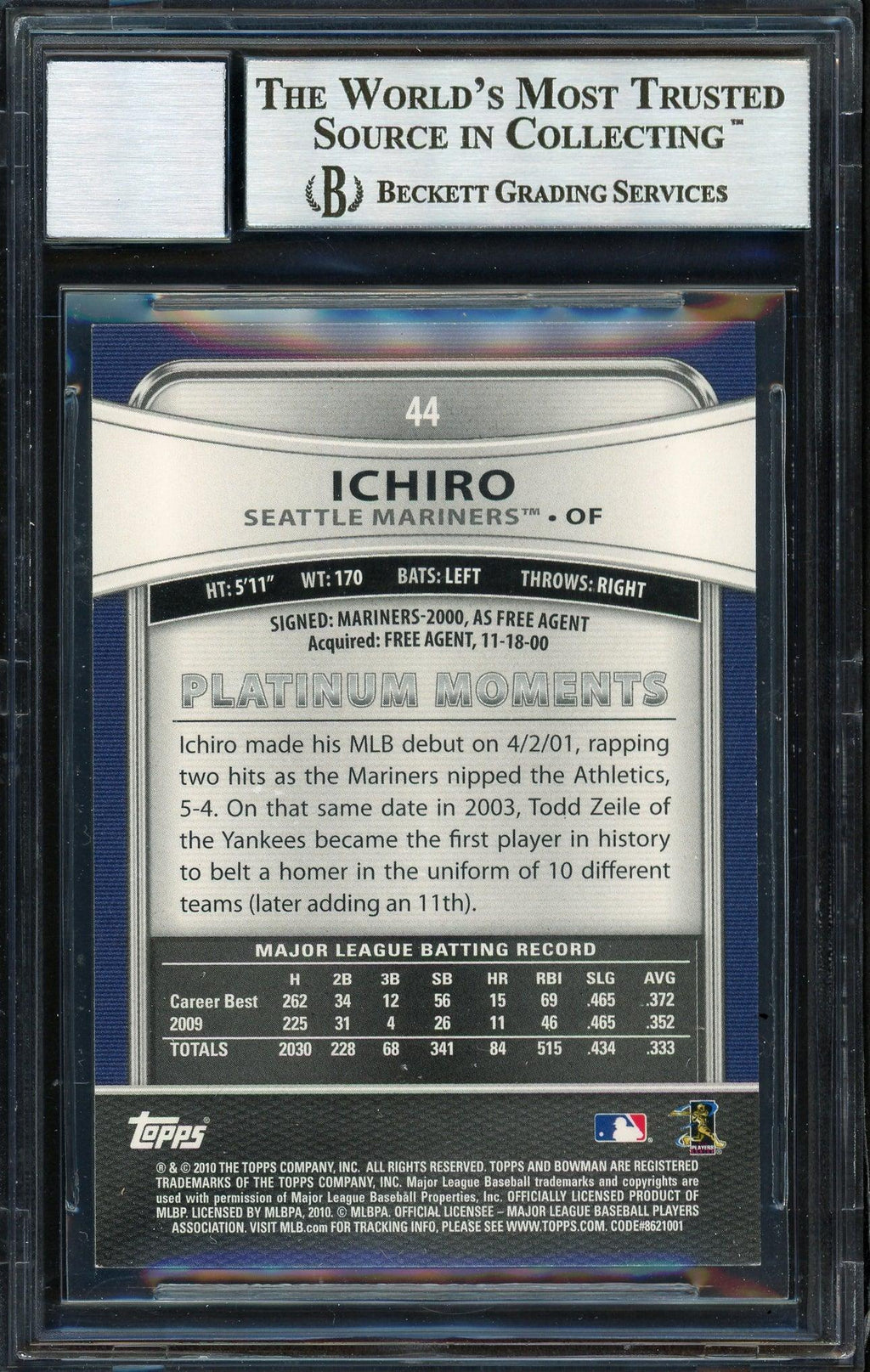 Ichiro Suzuki Autographed 2010 Bowman Platinum Card #44 Seattle Mariners Auto Grade 10 Beckett BAS #12669745