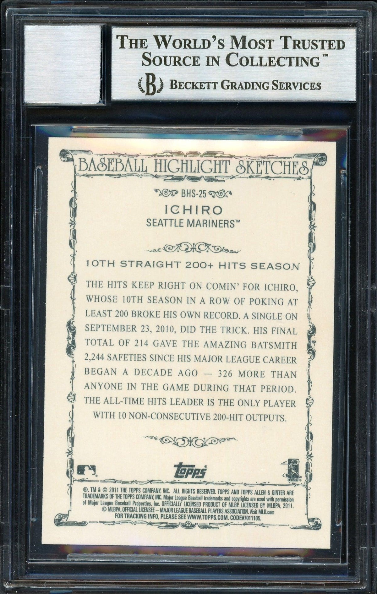 Ichiro Suzuki Autographed 2011 Topps Allen & Ginter Highlight Sketches Card #BHS-25 Seattle Mariners Auto Grade 10 Beckett BAS #12669847