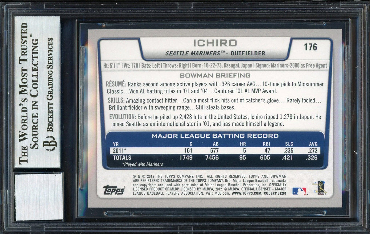 Ichiro Suzuki Autographed 2012 Bowman Silver Ice Card #176 Seattle Mariners Auto Grade 10 Beckett BAS #12669906