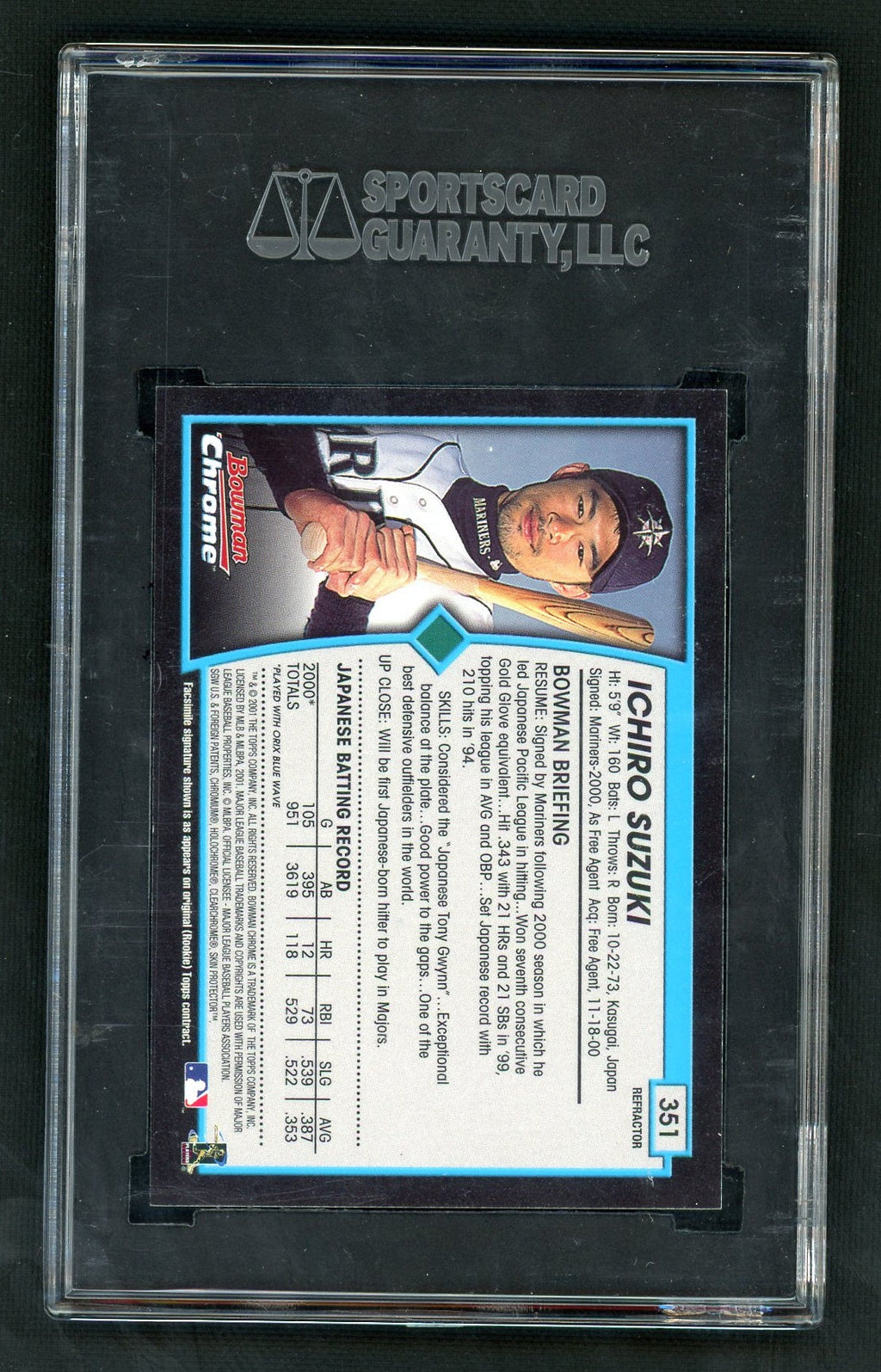 2001 Bowman Chrome Refractor Ichiro Suzuki #351 SGC 9 – back