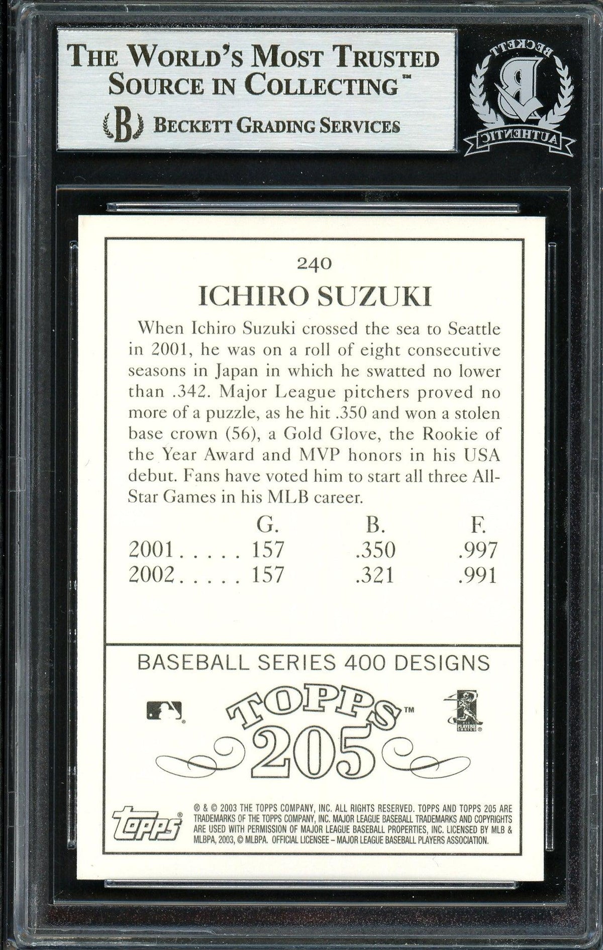 Ichiro Suzuki Autographed 2003 Topps 205 Card #240 Seattle Mariners Beckett BAS Stock #191265