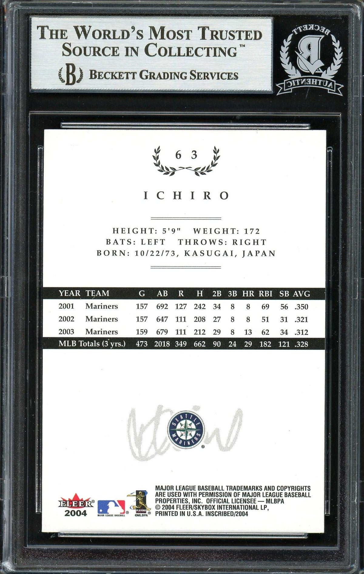 Ichiro Suzuki Autographed 2004 Fleer InScribed Card #63 Seattle Mariners Beckett BAS #12668523