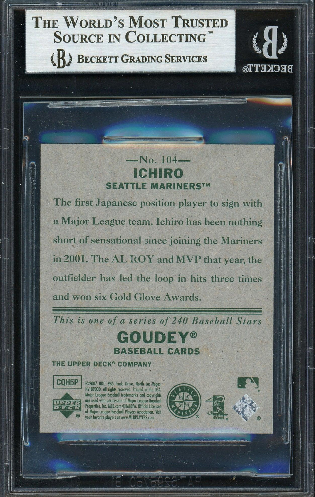 Ichiro Suzuki Autographed 2007 Upper Deck Goudey Card #104 Seattle Mariners Beckett BAS Stock #191292