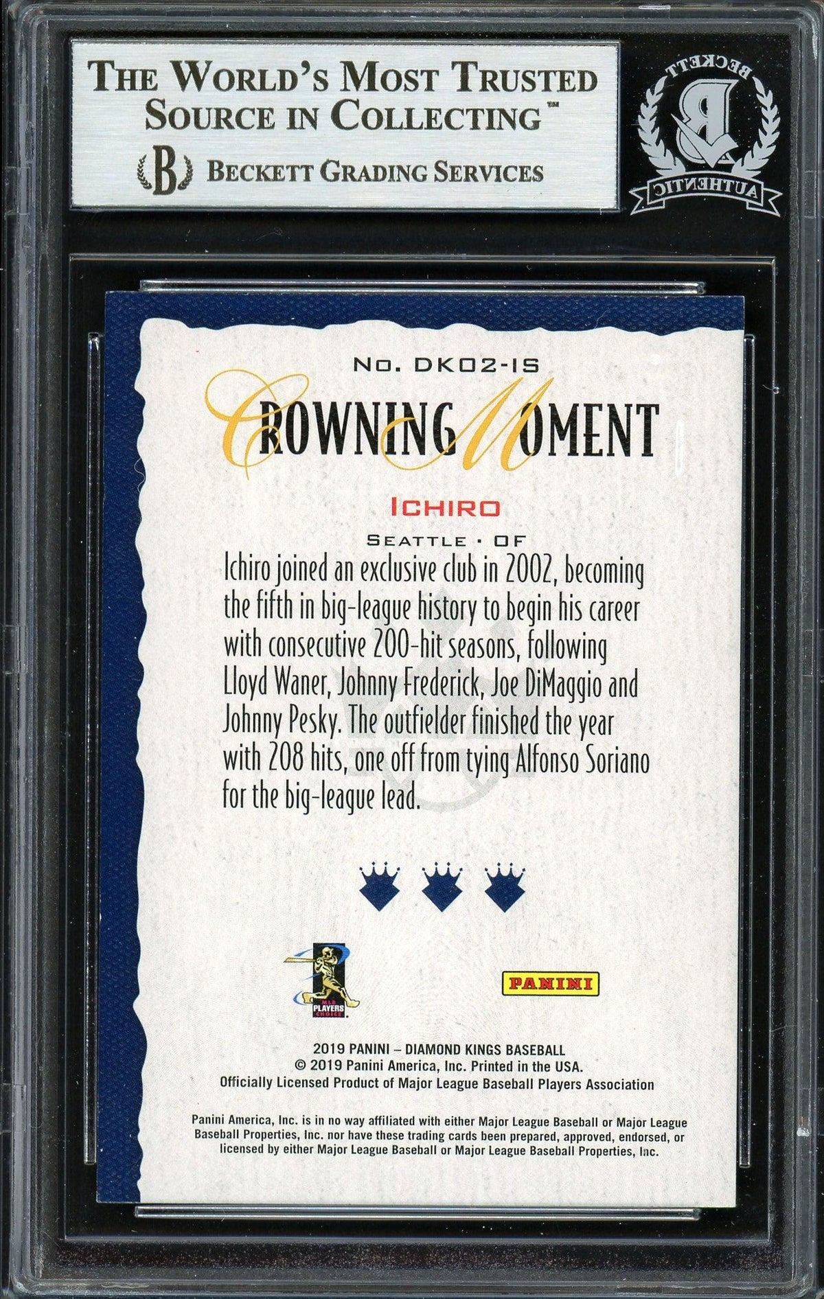Ichiro Suzuki Autographed 2019 Panini Diamond Kings Crowning Moment Card #DK-02-IS Seattle Mariners Beckett BAS #12668058