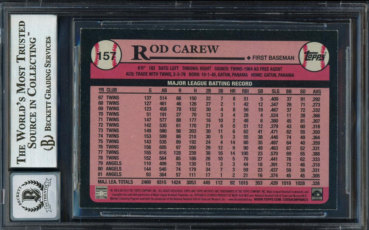 Rod Carew Autographed 2014 Topps Archives Card #157 California Angels Auto Grade Gem Mint 10 Beckett BAS #12751959