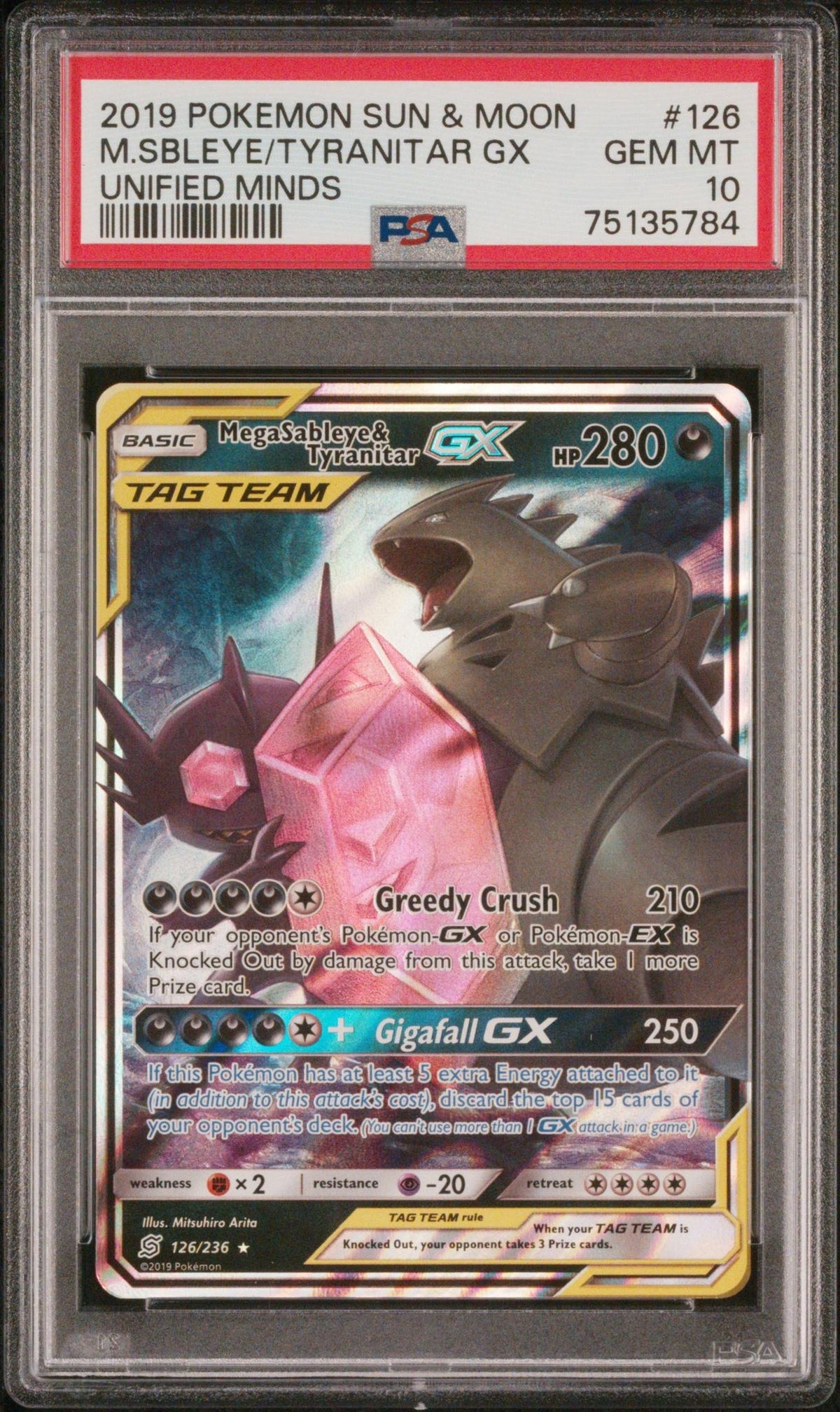 2019 Pokemon Unified Minds Tag Team GX Mega Sableye & Tyranitar #126 PSA 10