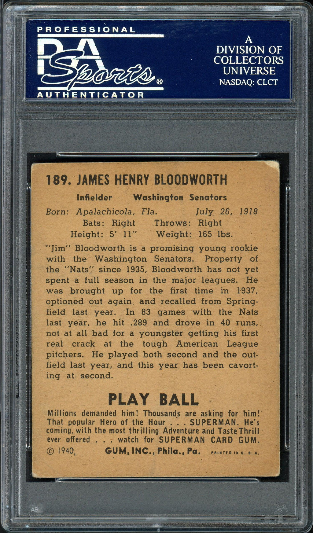 Jimmy Bloodworth Autographed 1940 Play Ball Rookie Card #189 Washington Senators PSA/DNA #83986443