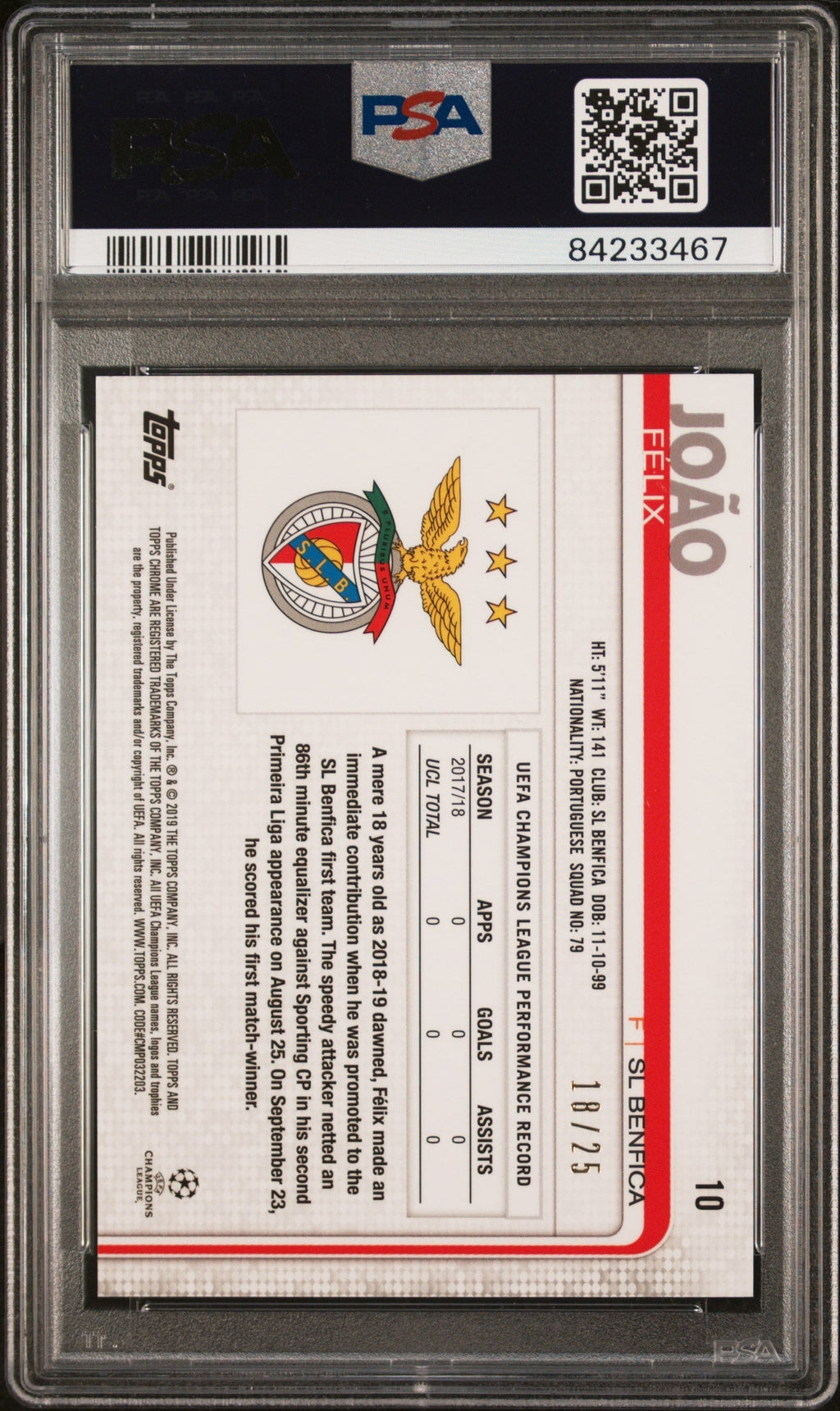 2018 Topps Chrome UEFA Champions League Orange Refractor Joao Felix #10 /25 PSA 8