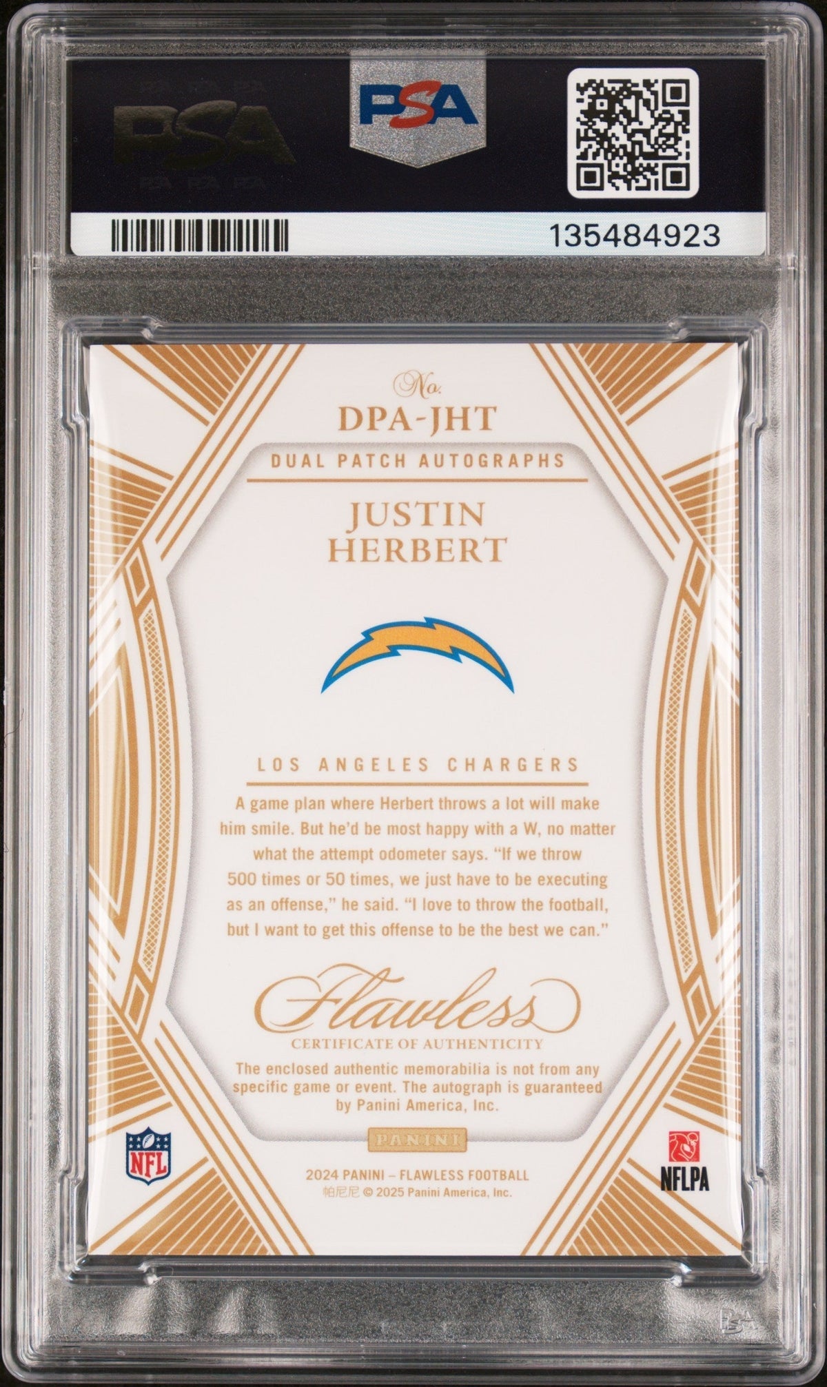 2024 Panini Flawless Dual Patch Autograph Sapphire Justin Herbert #DPA-JHT /10 PSA 8 – back