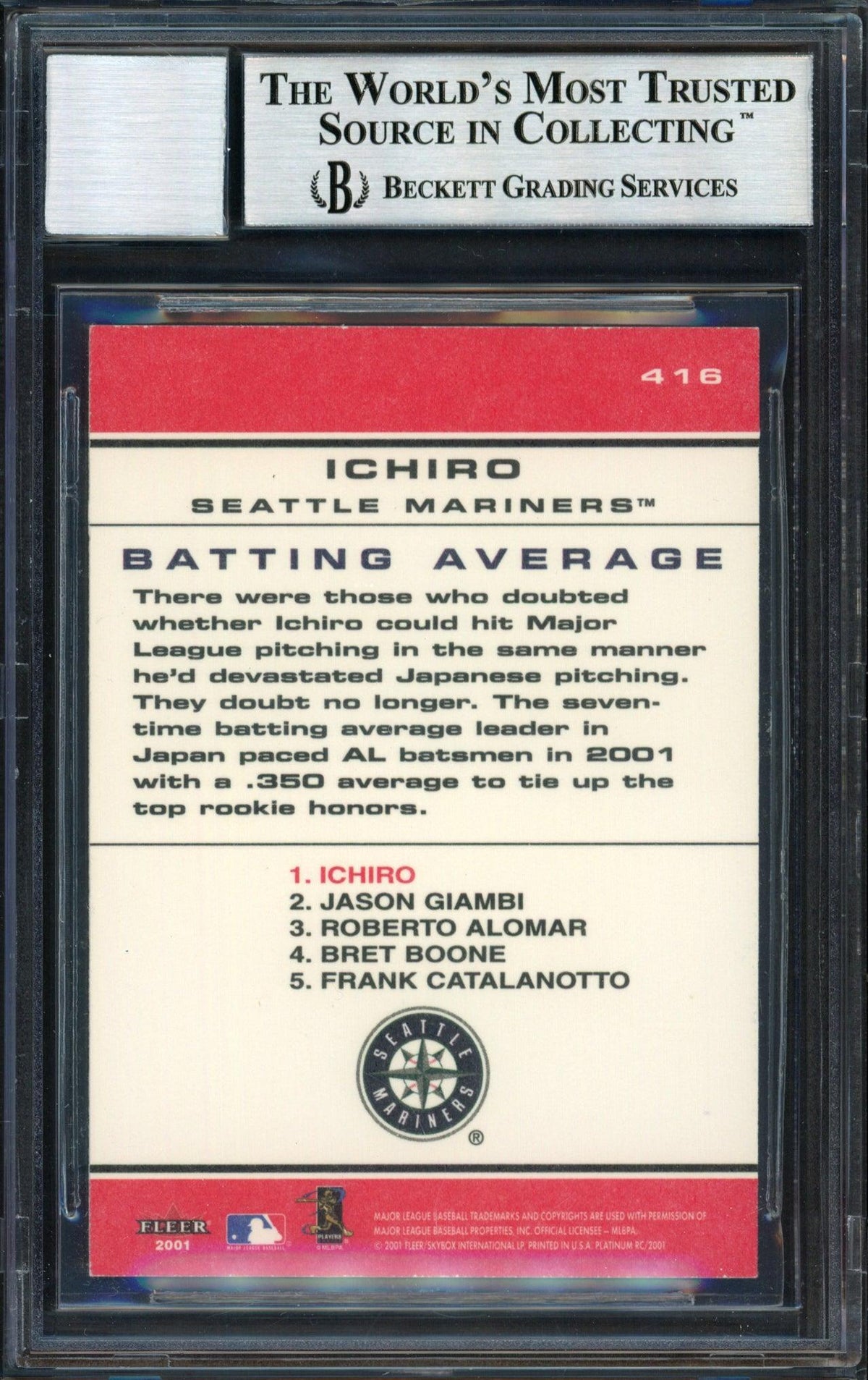 Ichiro Suzuki Autographed 2001 Fleer Platinum Chart Toppers Rookie Card #416 Seattle Mariners Auto Grade 10 Beckett BAS #12490856