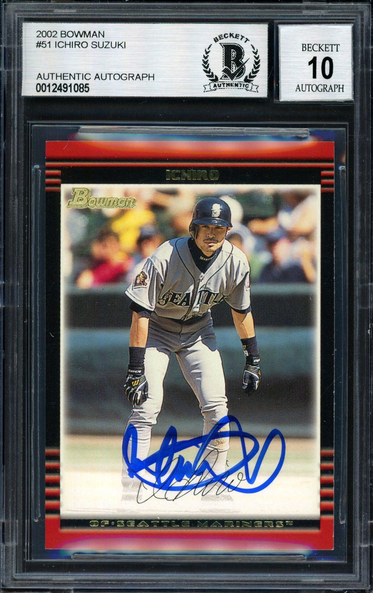 Ichiro Suzuki Autographed 2002 Bowman Card #51 Seattle Mariners Auto Grade 10 Beckett BAS #12491085