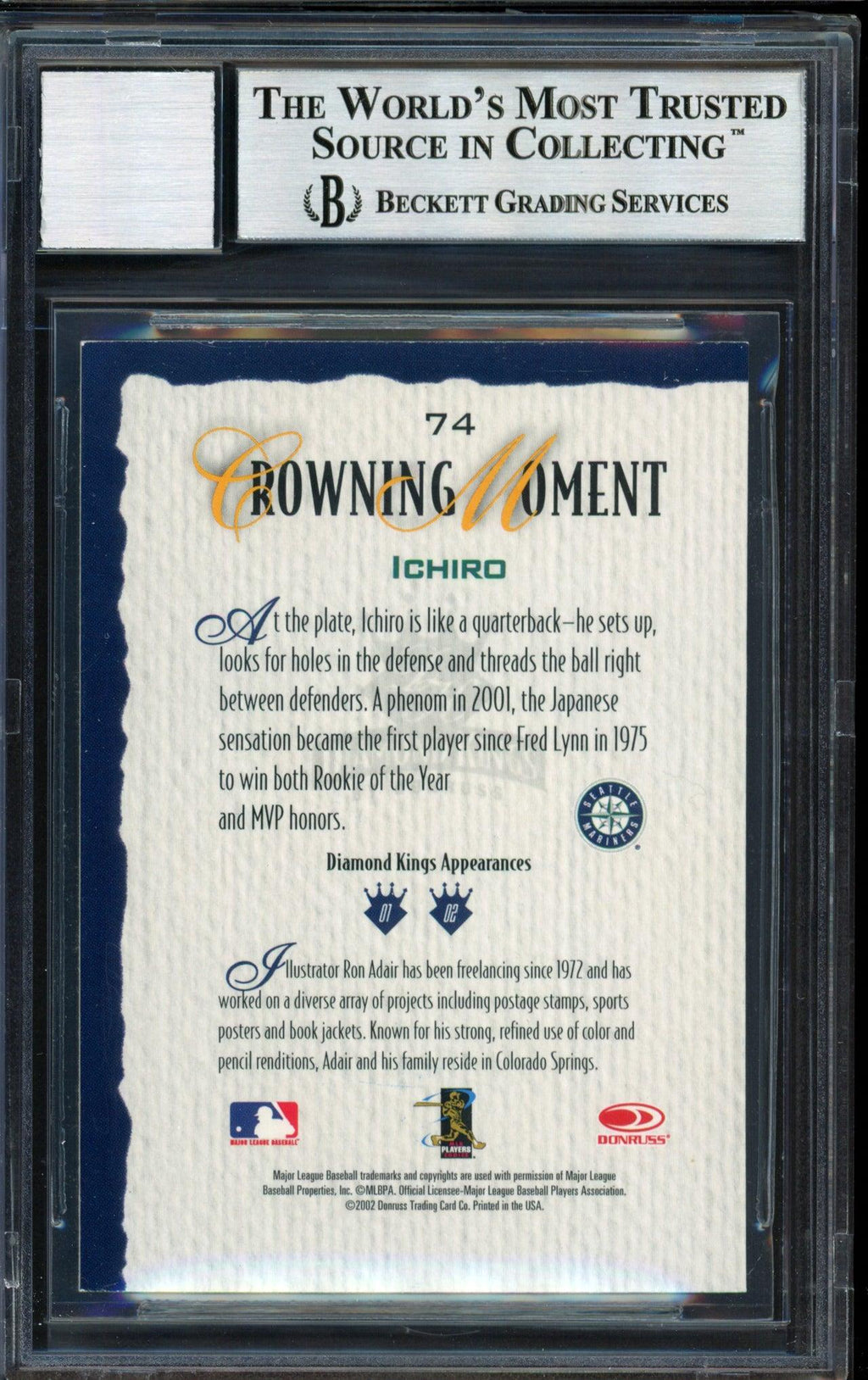 Ichiro Suzuki Autographed 2002 Donruss Diamond Kings Card #74 Seattle Mariners Auto Grade 10 Beckett BAS Stock #182505