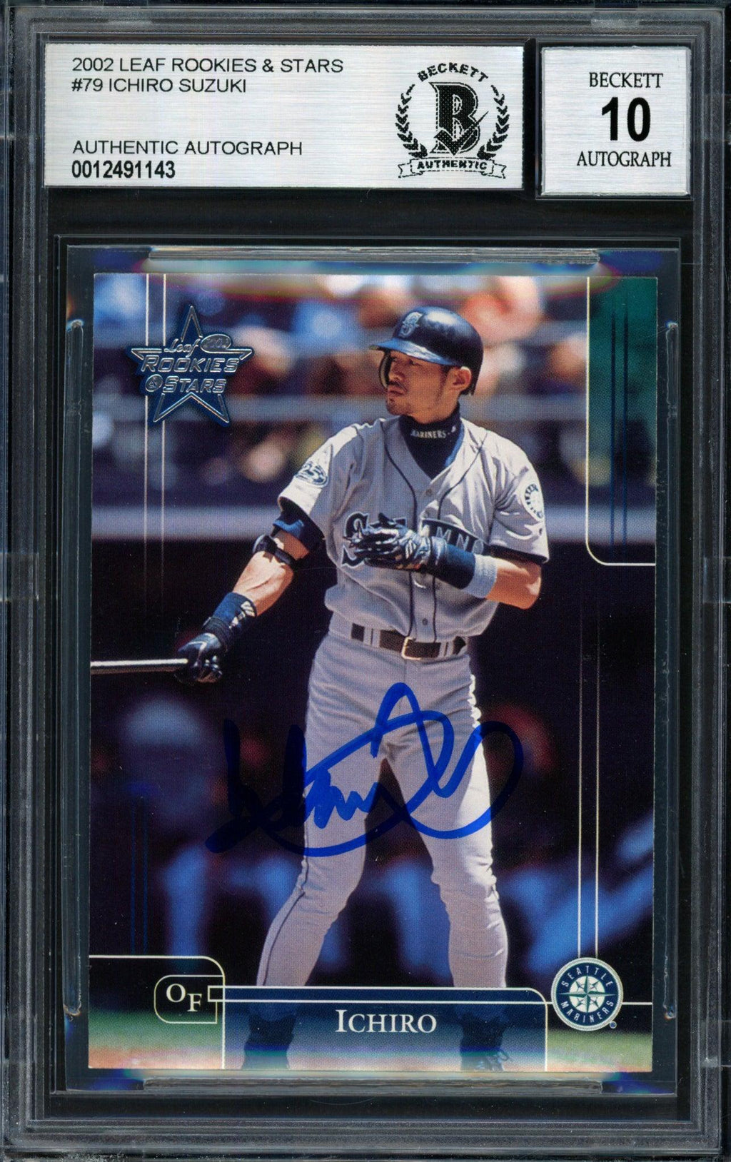 Ichiro Suzuki Autographed 2002 Leaf Rookie & Stars Card #79 Seattle Mariners Auto Grade 10 Beckett BAS #12491143