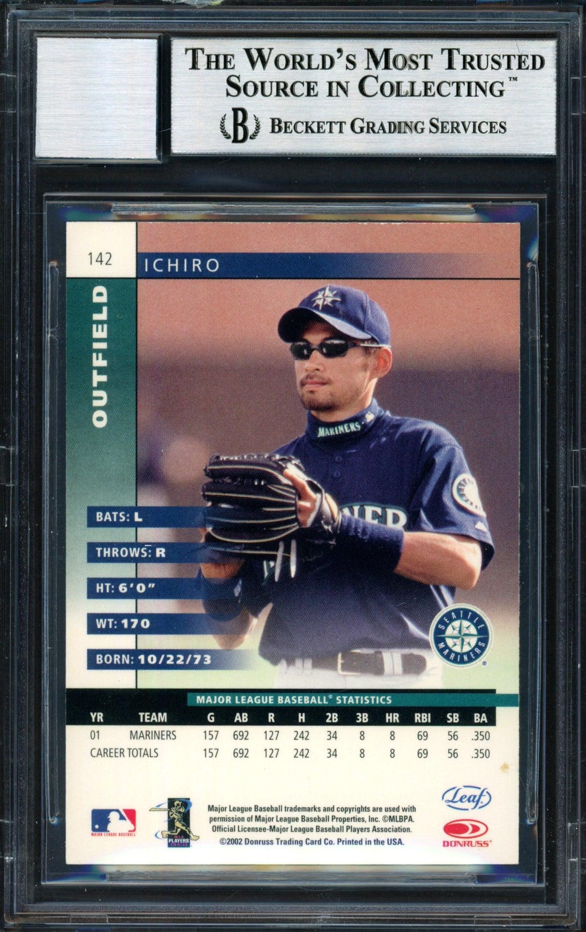 Ichiro Suzuki Autographed 2002 Leaf Card #142 Seattle Mariners Auto Grade 10 Beckett BAS #12491178